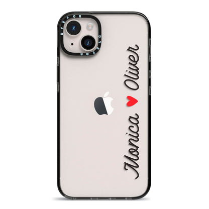 Personalised Two Names Couples Clear Custom Black iPhone 14 Plus Black Impact Case on Silver phone