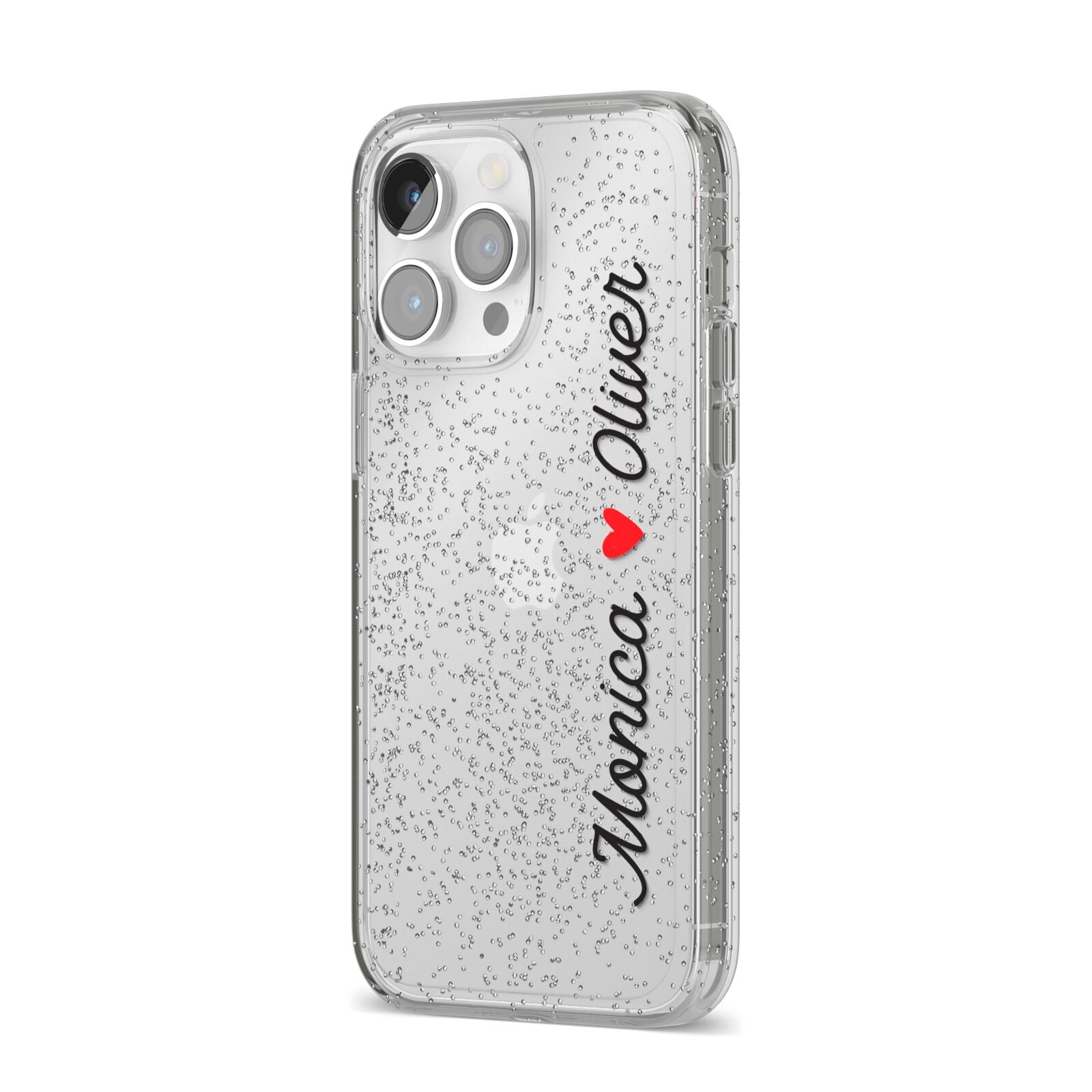 Personalised Two Names Couples Clear Custom Black iPhone 14 Pro Max Glitter Tough Case Silver Angled Image