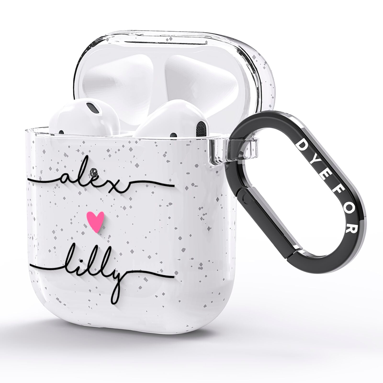 Personalised Two Names For Couples Heart Clear AirPods Glitter Case Side Image