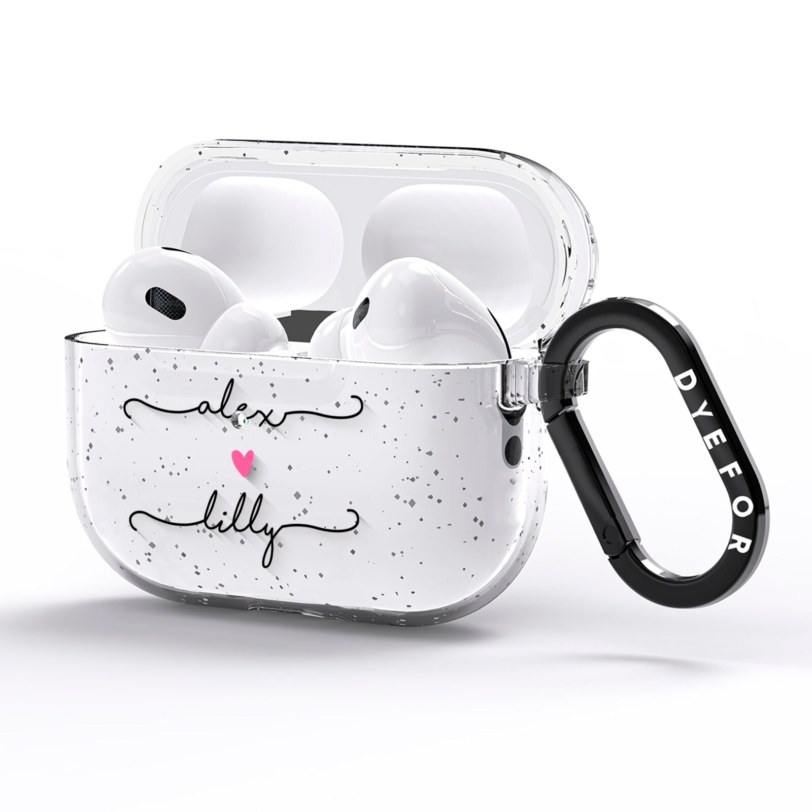 Personalised Two Names For Couples Heart Clear AirPods Pro Glitter Case Side Image