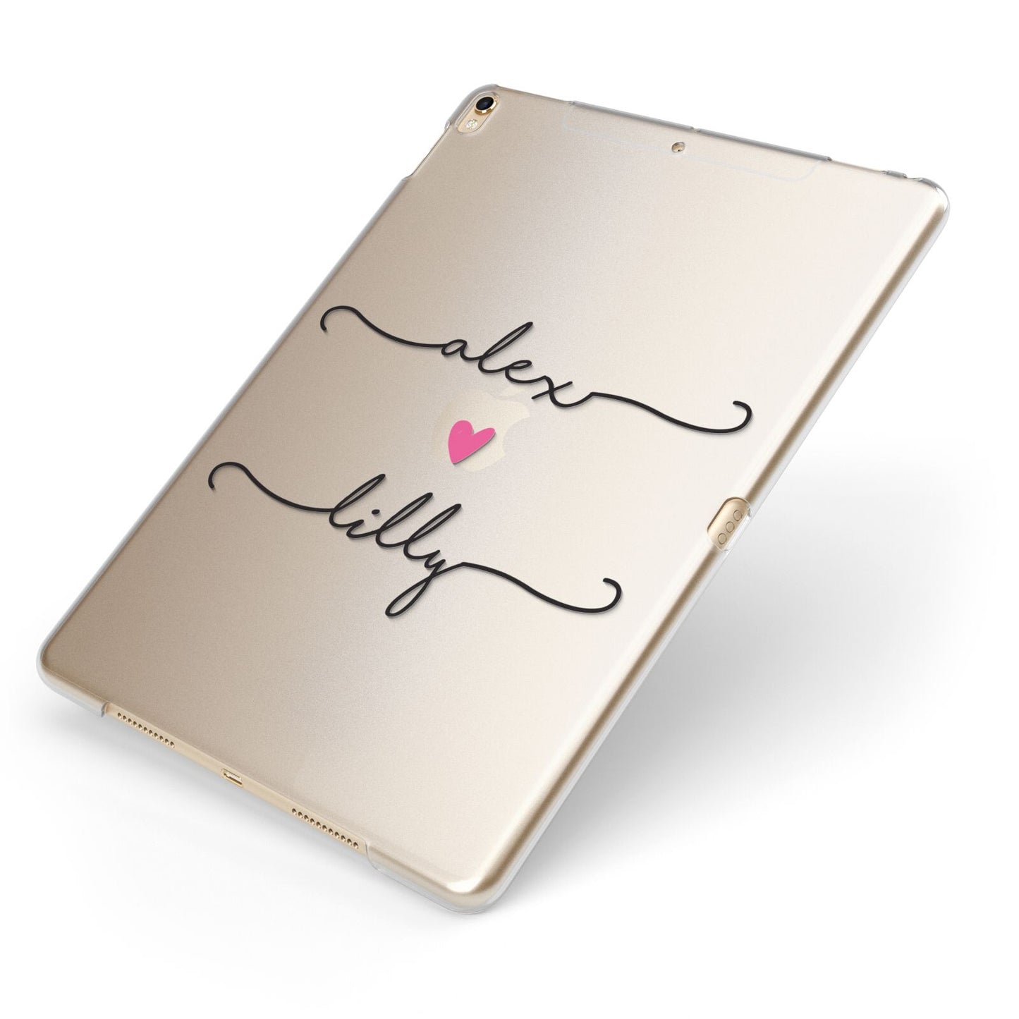 Personalised Two Names For Couples Heart Clear Apple iPad Case on Gold iPad Side View