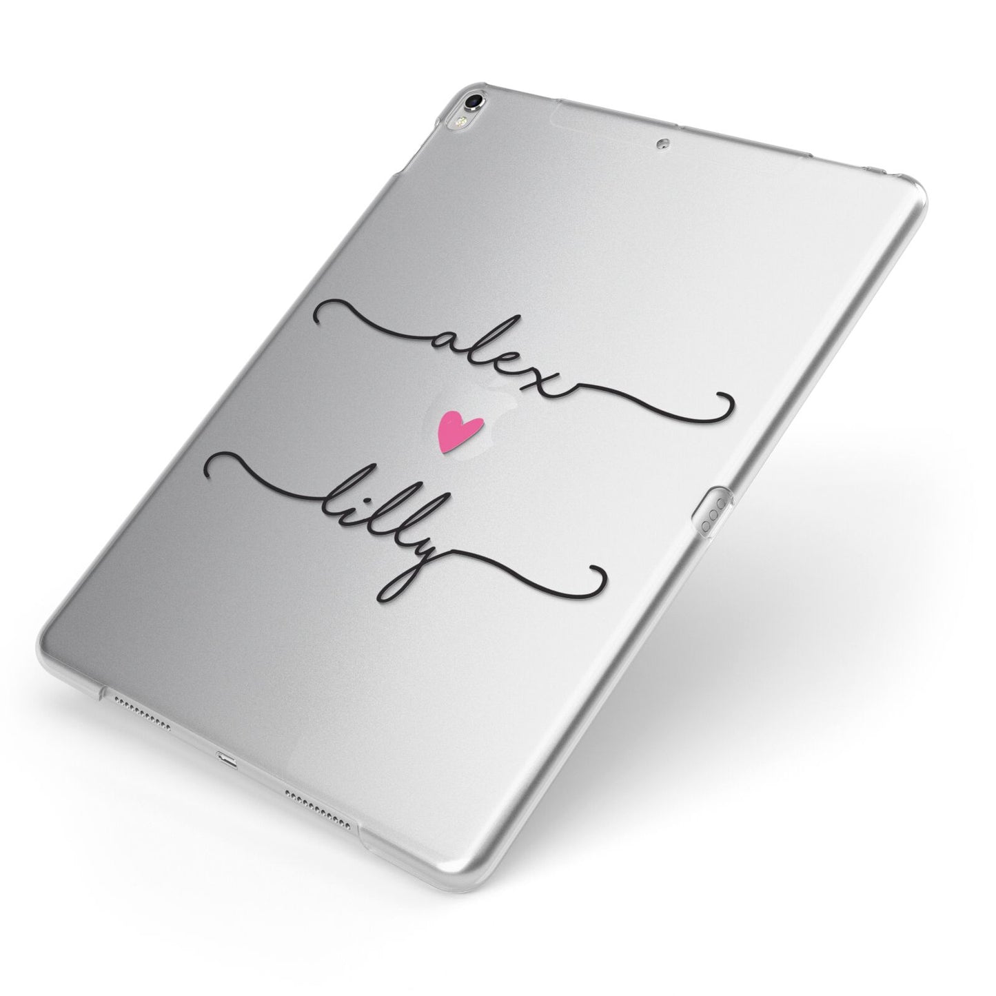 Personalised Two Names For Couples Heart Clear Apple iPad Case on Silver iPad Side View