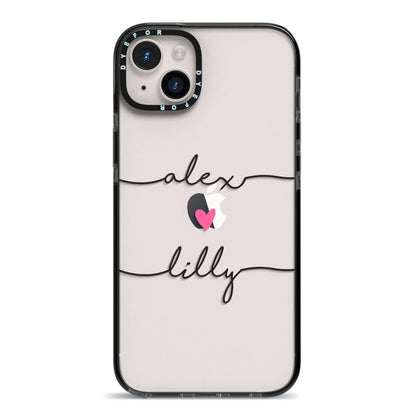 Personalised Two Names For Couples Heart Clear iPhone 14 Plus Black Impact Case on Silver phone