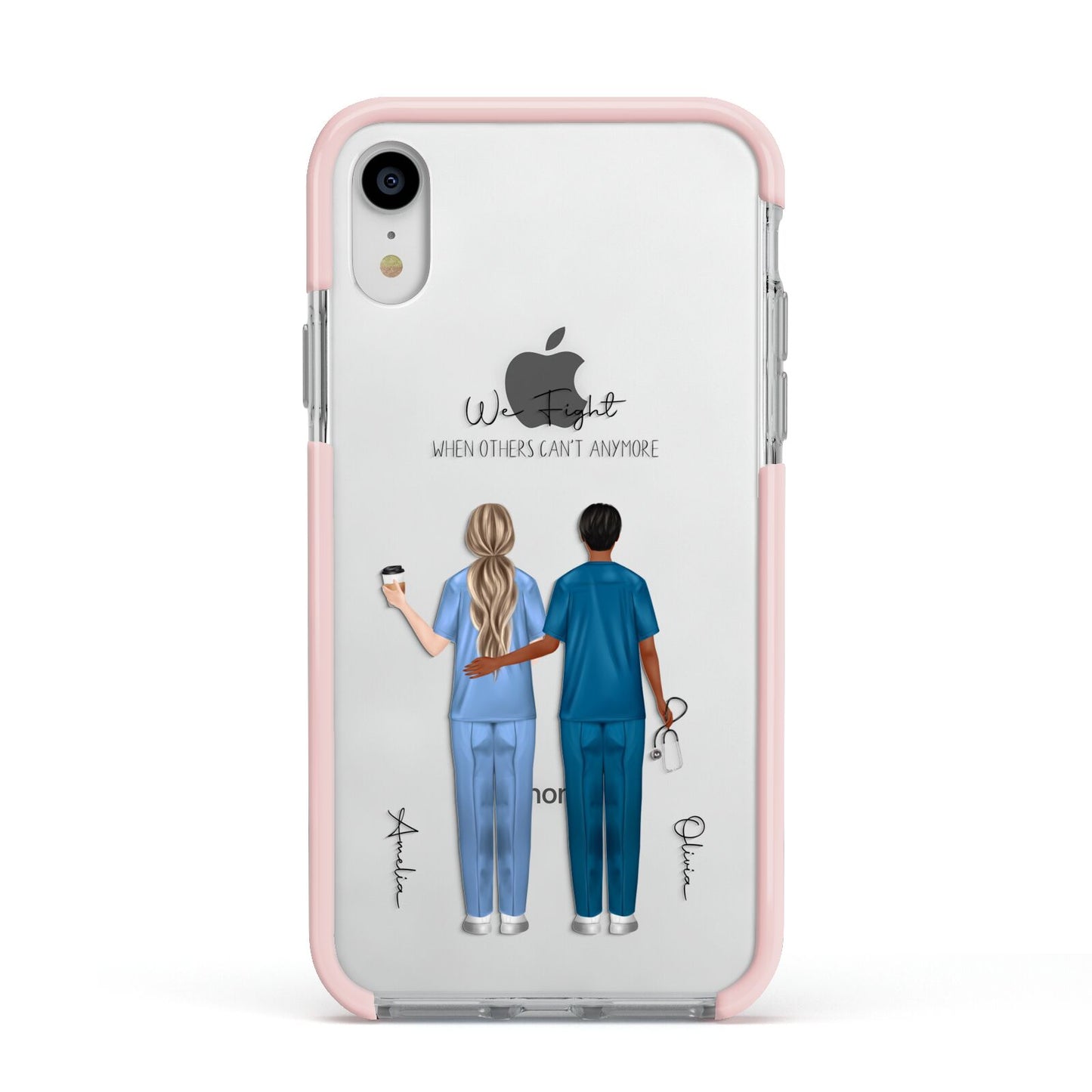 Personalised Two Nurses Apple iPhone XR Impact Case Pink Edge on Silver Phone