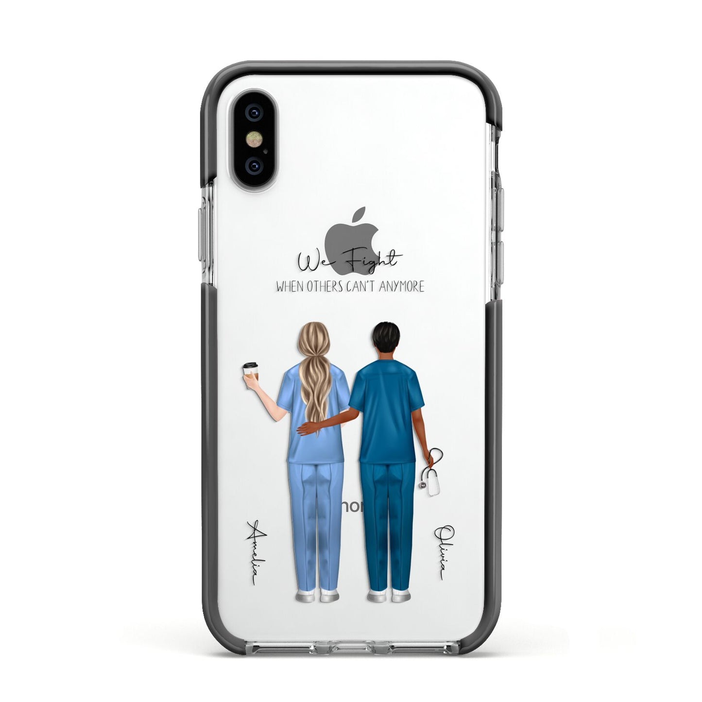 Personalised Two Nurses Apple iPhone Xs Impact Case Black Edge on Silver Phone