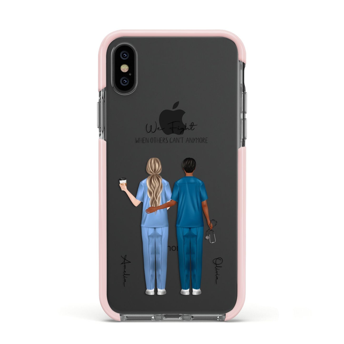 Personalised Two Nurses Apple iPhone Xs Impact Case Pink Edge on Black Phone