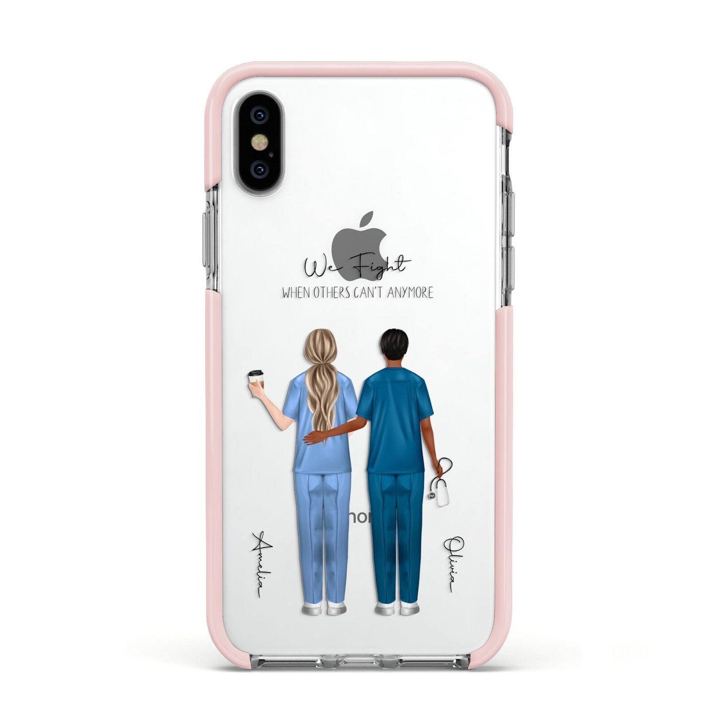 Personalised Two Nurses Apple iPhone Xs Impact Case Pink Edge on Silver Phone