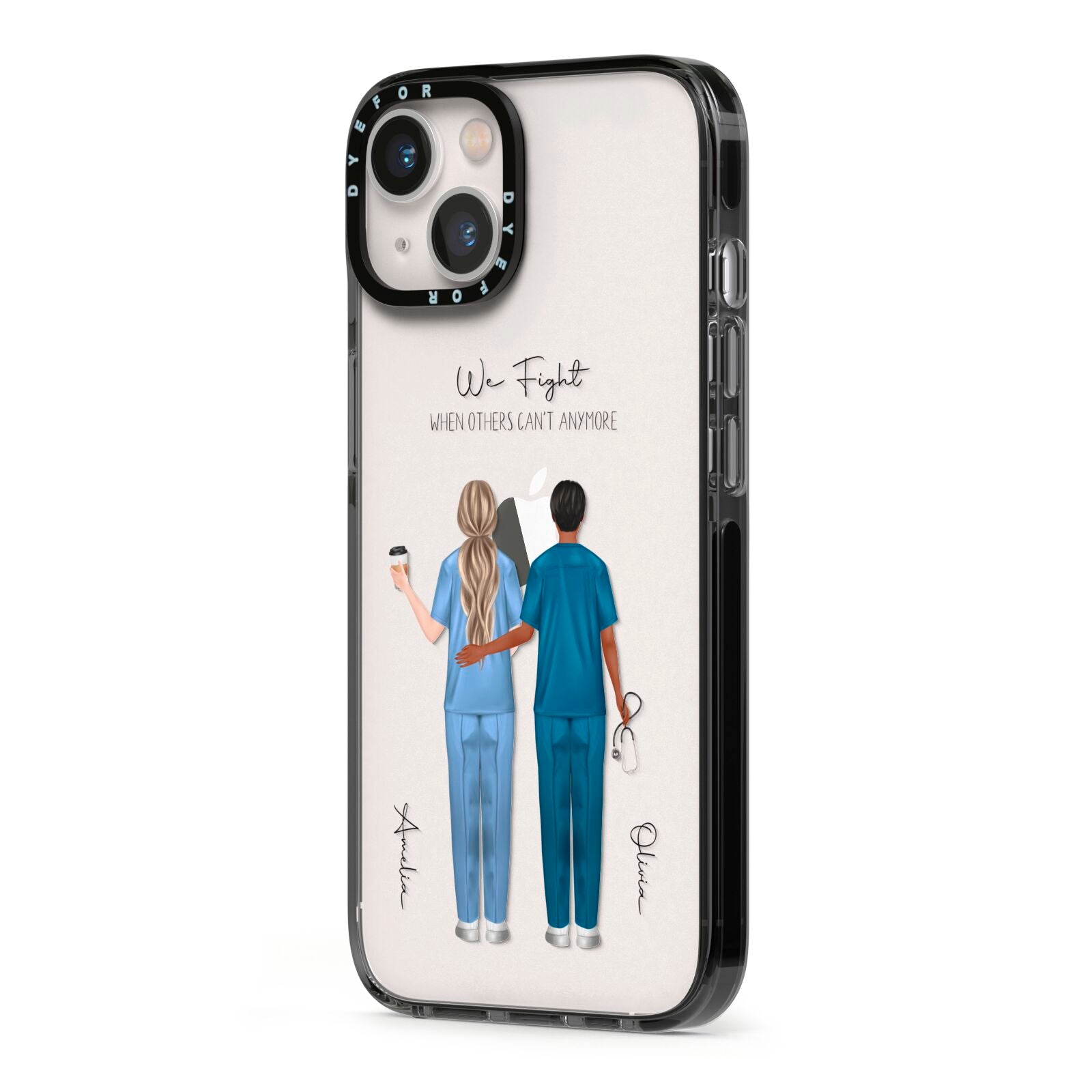 Personalised Two Nurses iPhone 13 Black Impact Case Side Angle on Silver phone