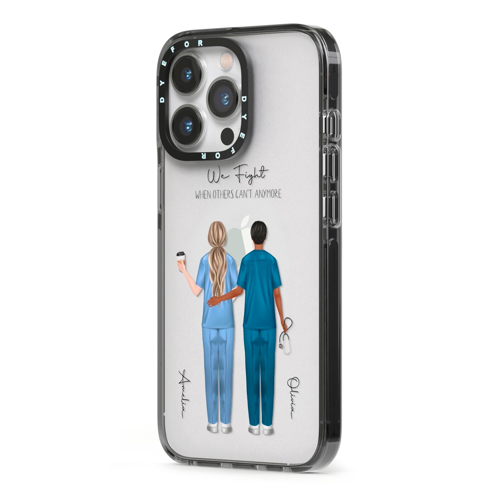Personalised Two Nurses iPhone 13 Pro Black Impact Case Side Angle on Silver phone