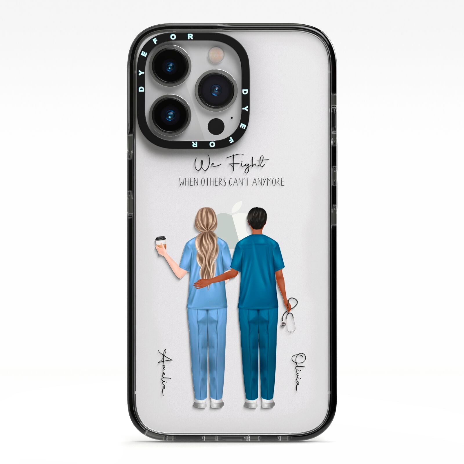 Personalised Two Nurses iPhone 13 Pro Black Impact Case on Silver phone