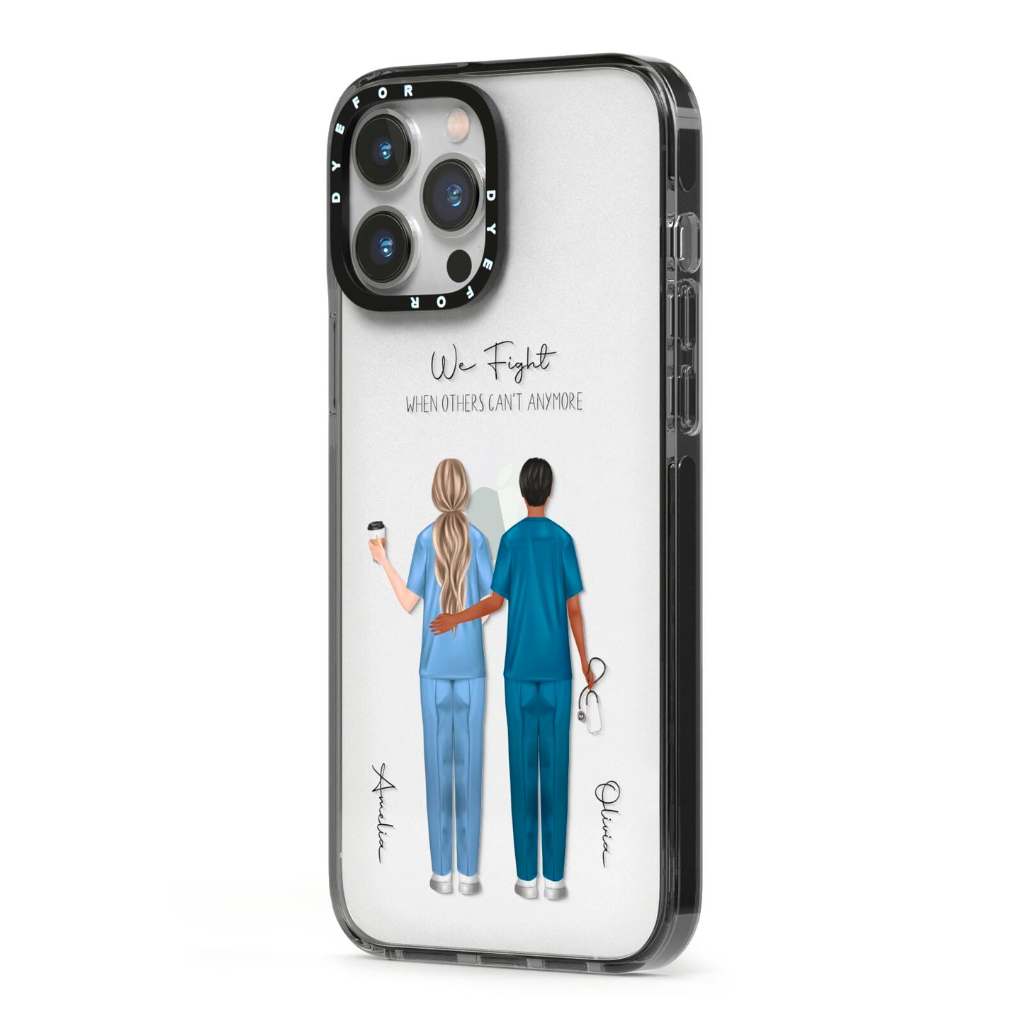 Personalised Two Nurses iPhone 13 Pro Max Black Impact Case Side Angle on Silver phone