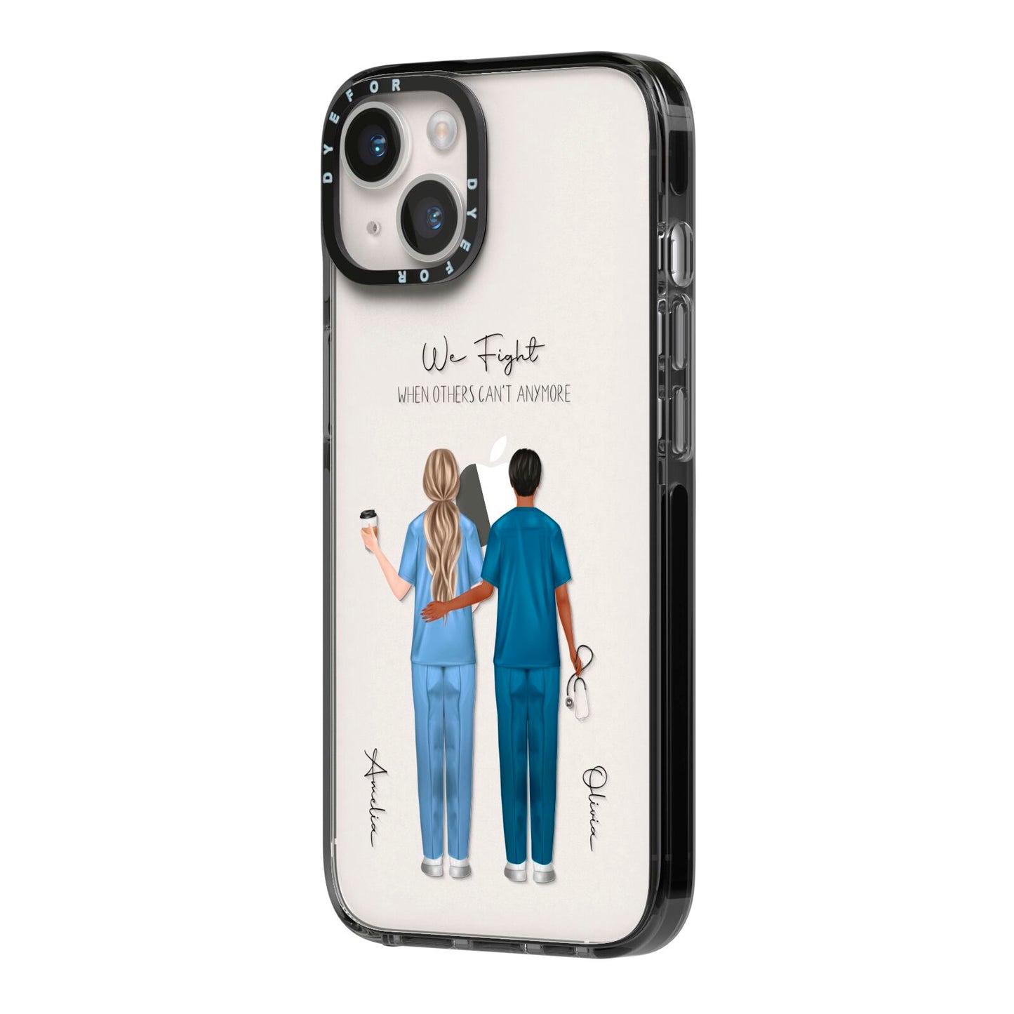 Personalised Two Nurses iPhone 14 Black Impact Case Side Angle on Silver phone