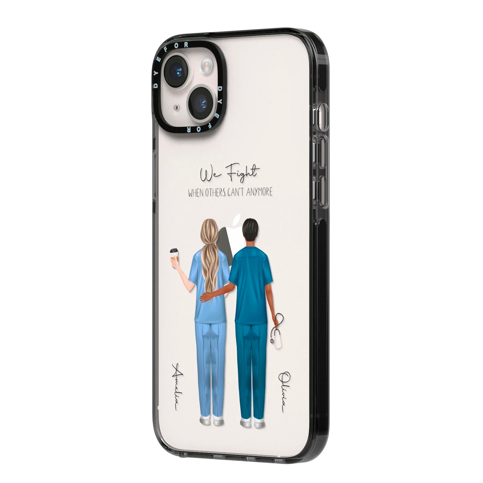 Personalised Two Nurses iPhone 14 Plus Black Impact Case Side Angle on Silver phone