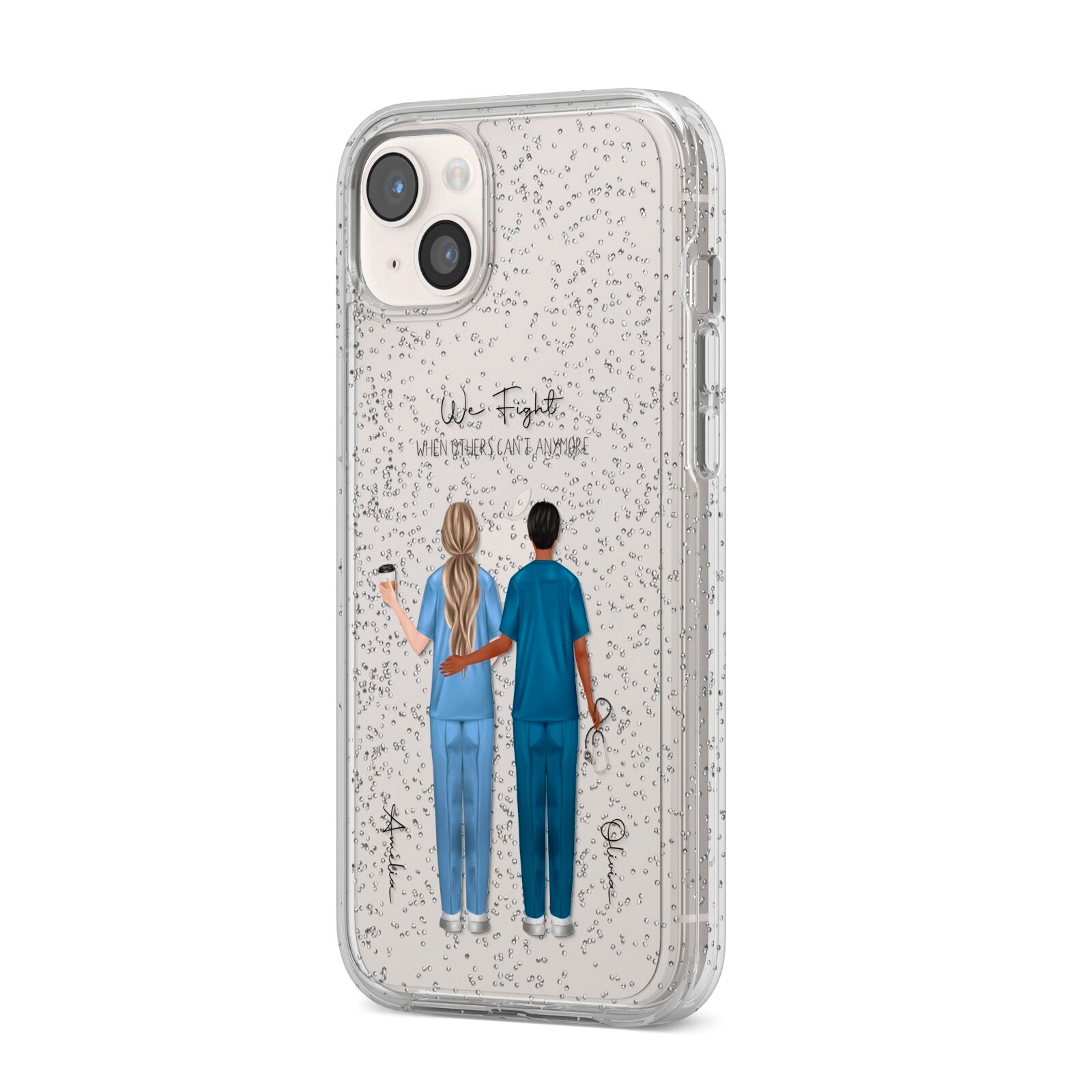 Personalised Two Nurses iPhone 14 Plus Glitter Tough Case Starlight Angled Image