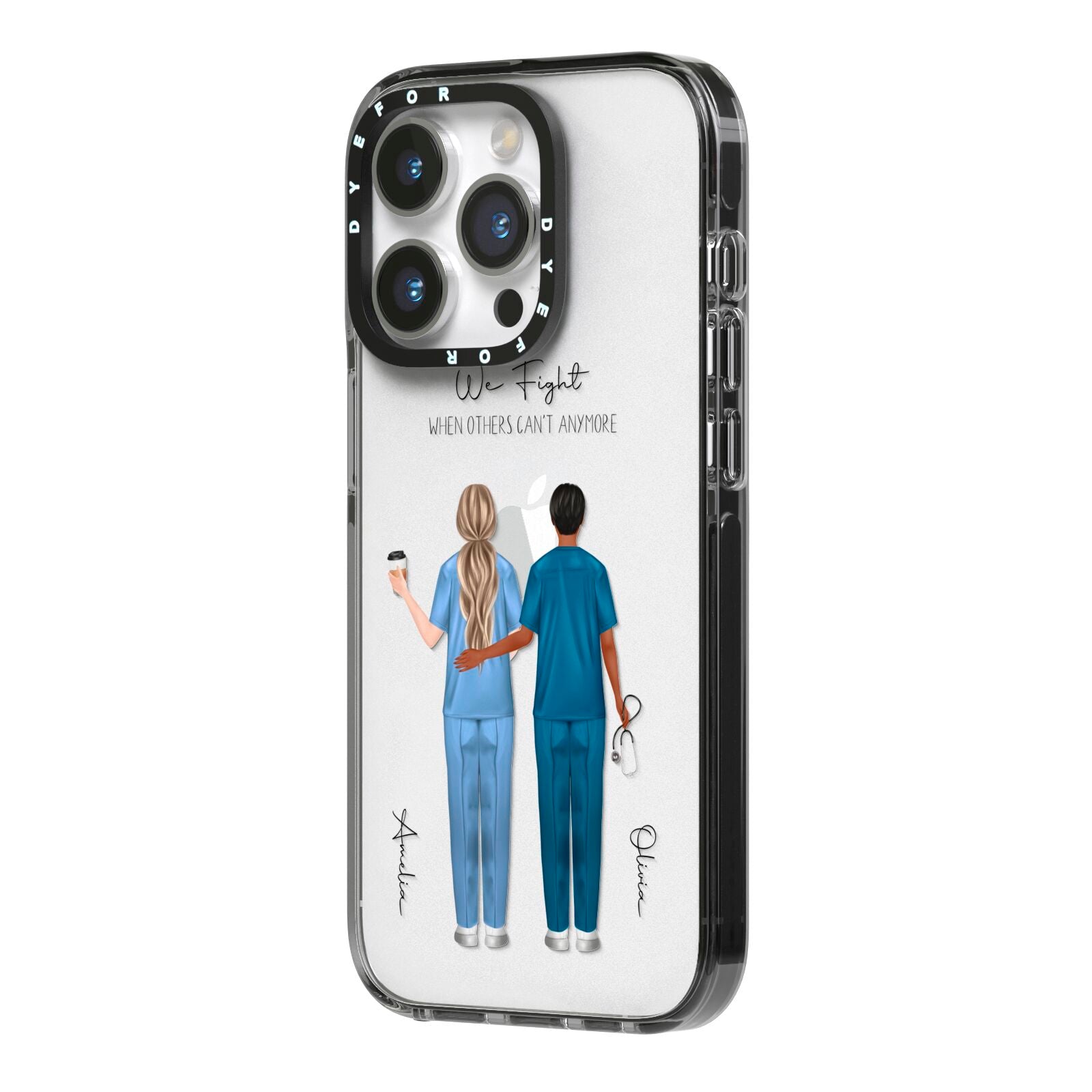 Personalised Two Nurses iPhone 14 Pro Black Impact Case Side Angle on Silver phone