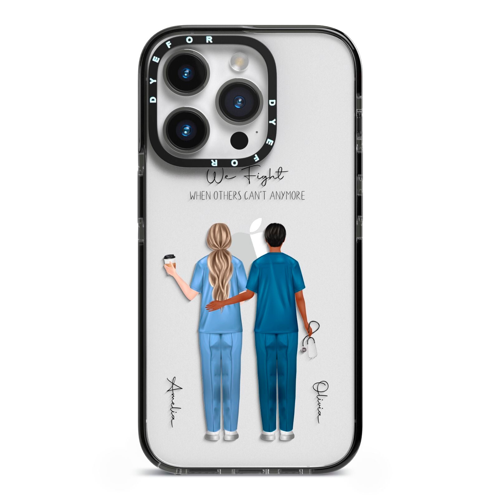 Personalised Two Nurses iPhone 14 Pro Black Impact Case on Silver phone