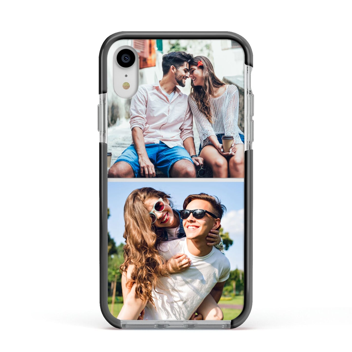 Personalised Two Photos Collage Apple iPhone XR Impact Case Black Edge on Silver Phone