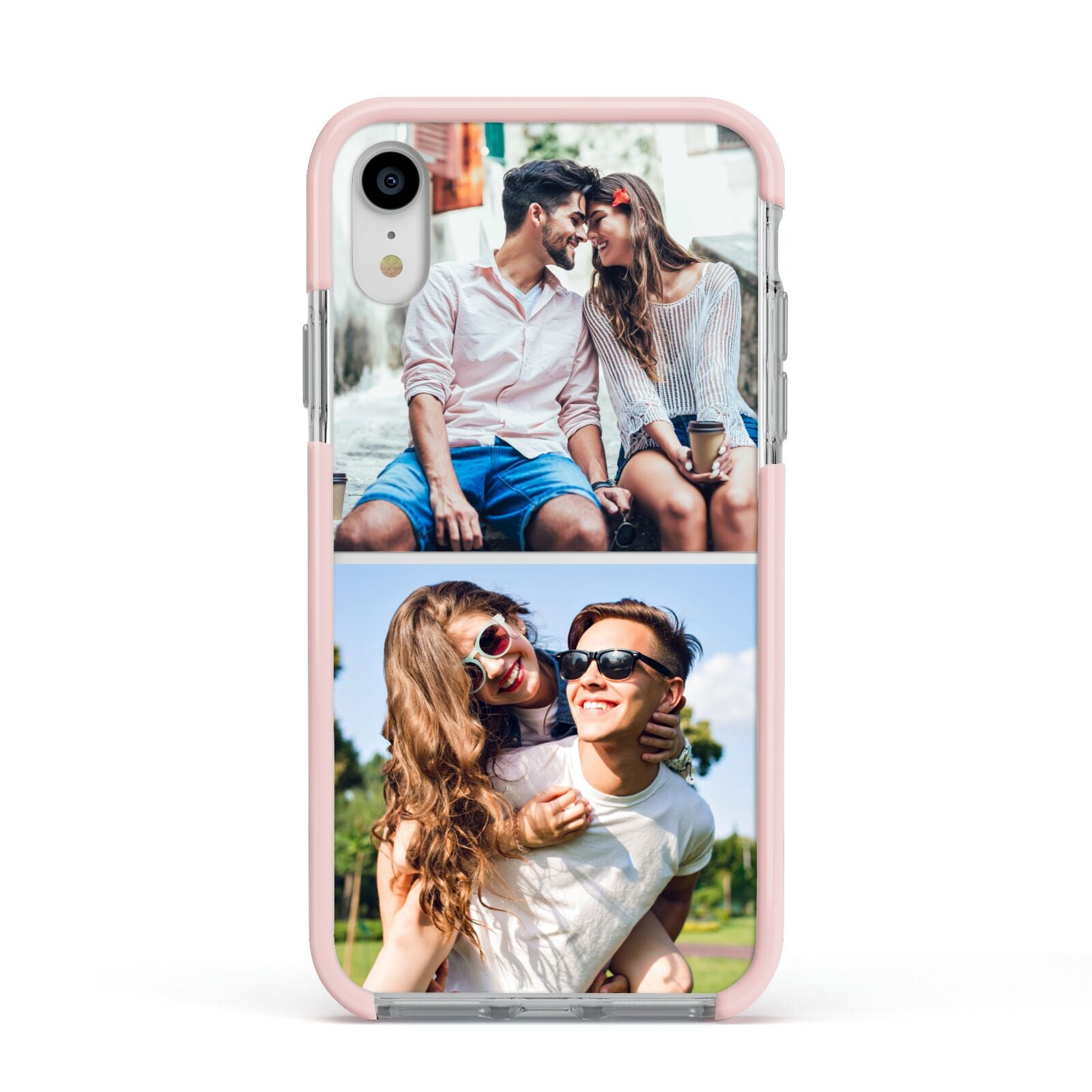 Personalised Two Photos Collage Apple iPhone XR Impact Case Pink Edge on Silver Phone