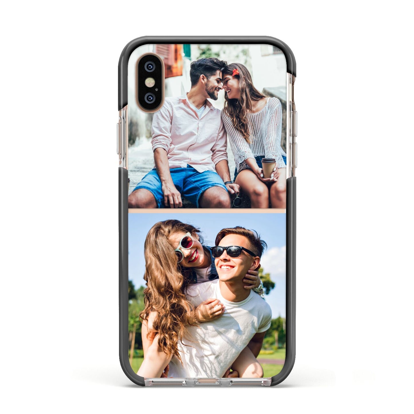 Personalised Two Photos Collage Apple iPhone Xs Impact Case Black Edge on Gold Phone