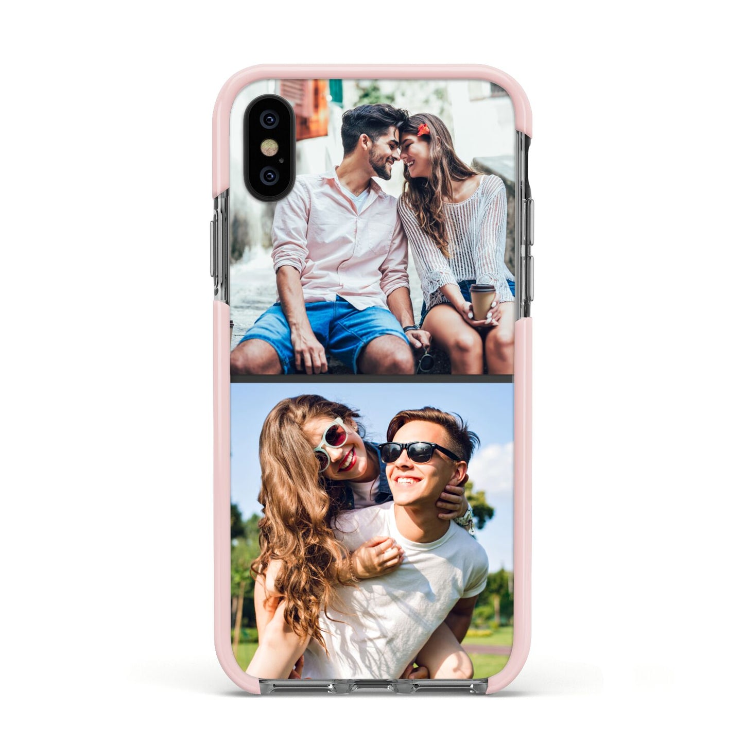 Personalised Two Photos Collage Apple iPhone Xs Impact Case Pink Edge on Black Phone