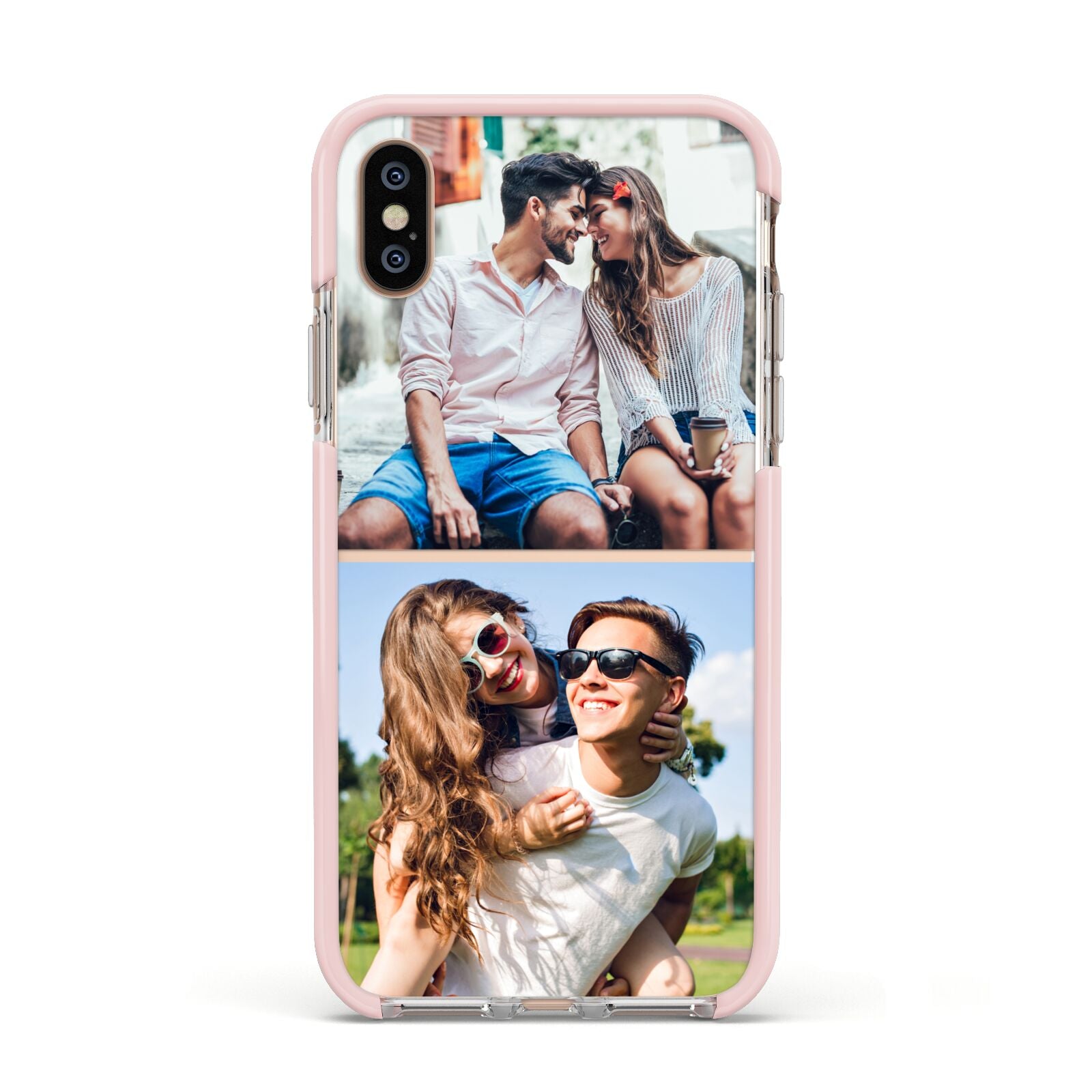 Personalised Two Photos Collage Apple iPhone Xs Impact Case Pink Edge on Gold Phone