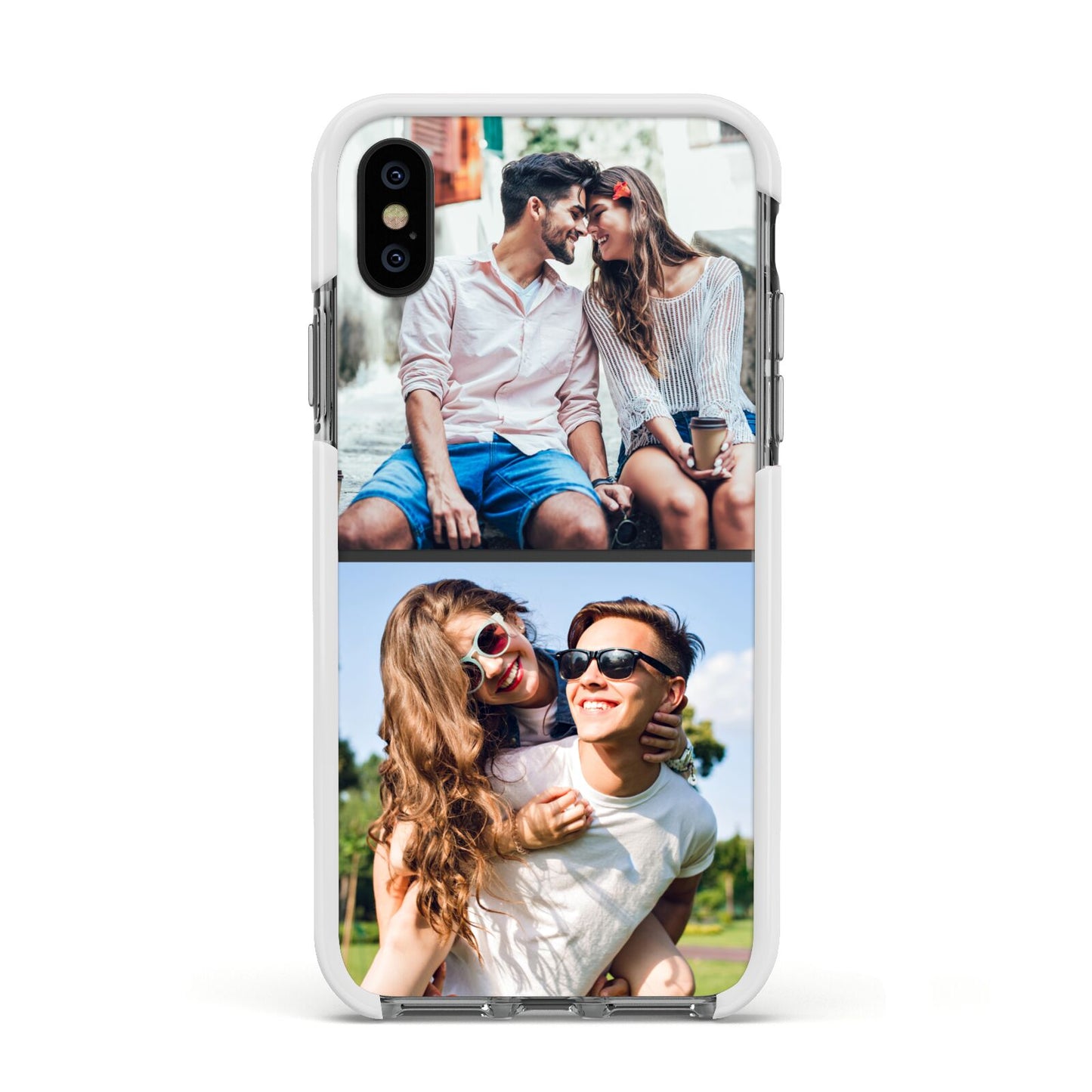 Personalised Two Photos Collage Apple iPhone Xs Impact Case White Edge on Black Phone