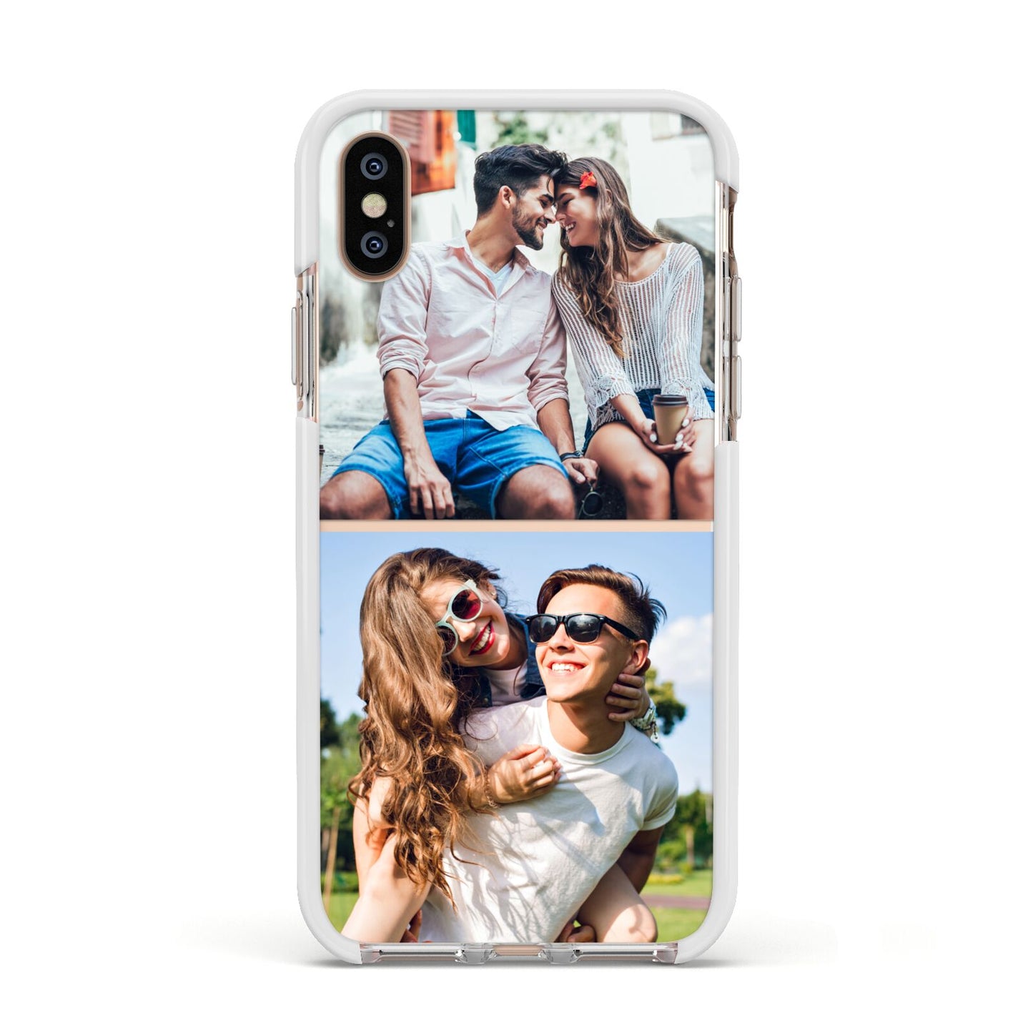 Personalised Two Photos Collage Apple iPhone Xs Impact Case White Edge on Gold Phone