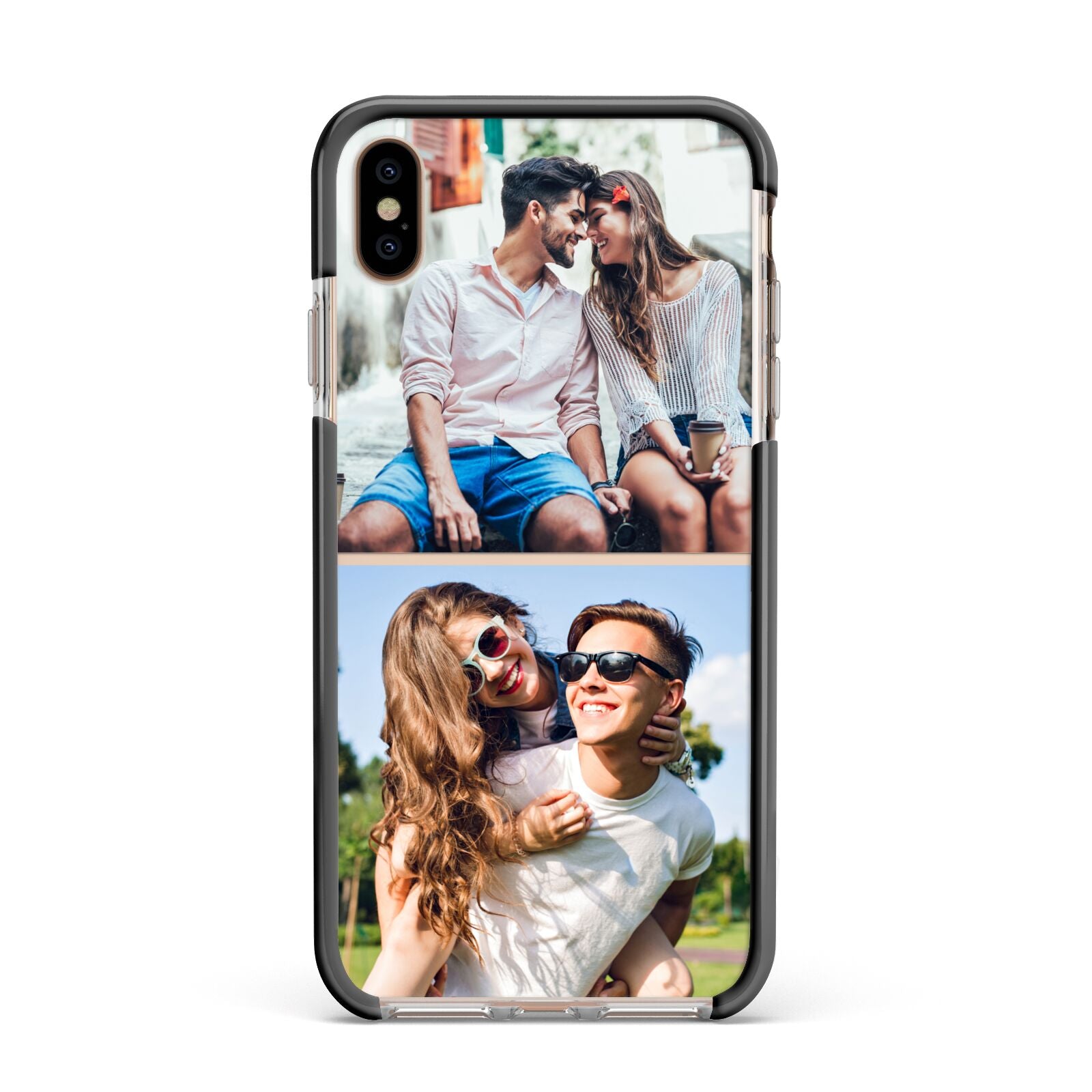Personalised Two Photos Collage Apple iPhone Xs Max Impact Case Black Edge on Gold Phone