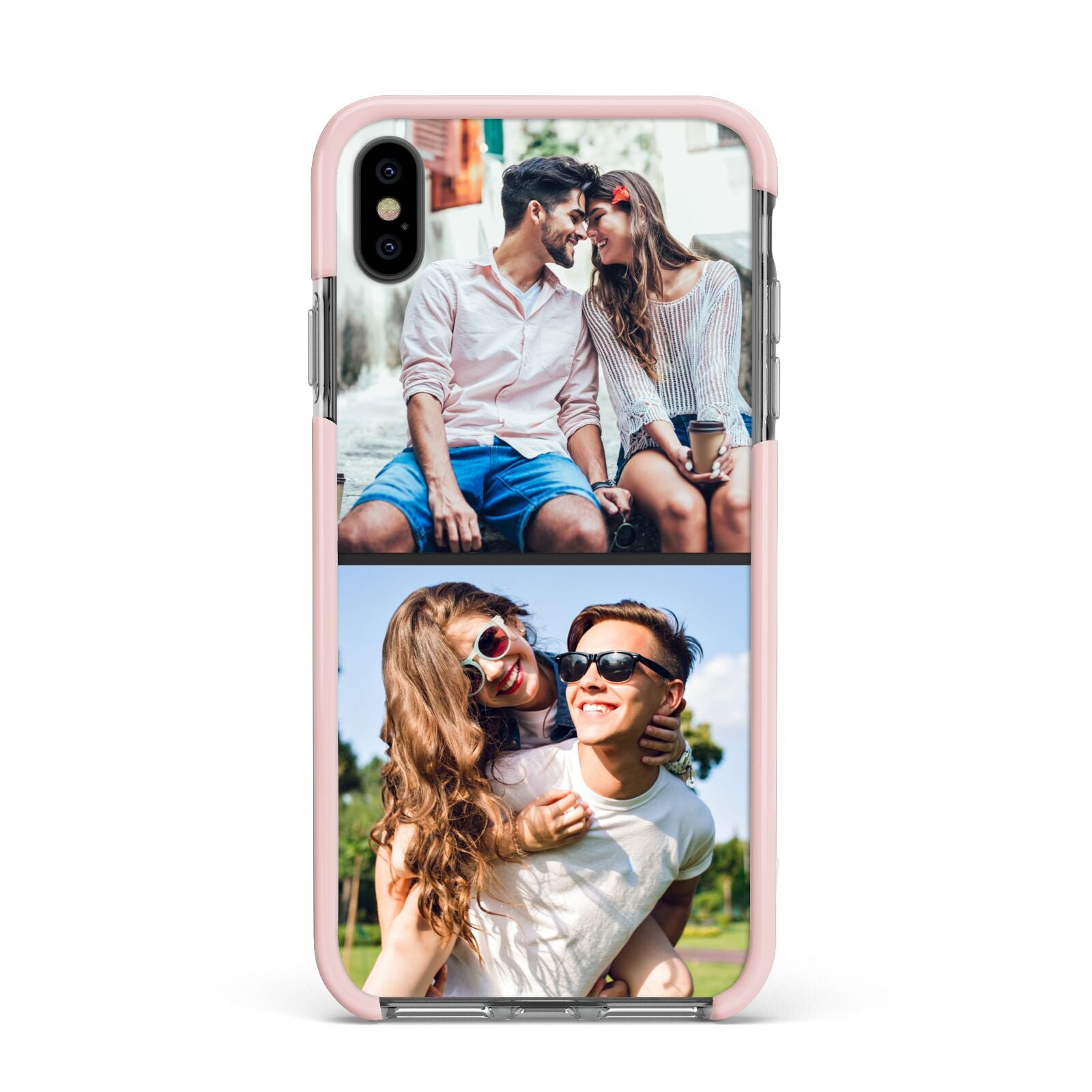 Personalised Two Photos Collage Apple iPhone Xs Max Impact Case Pink Edge on Black Phone