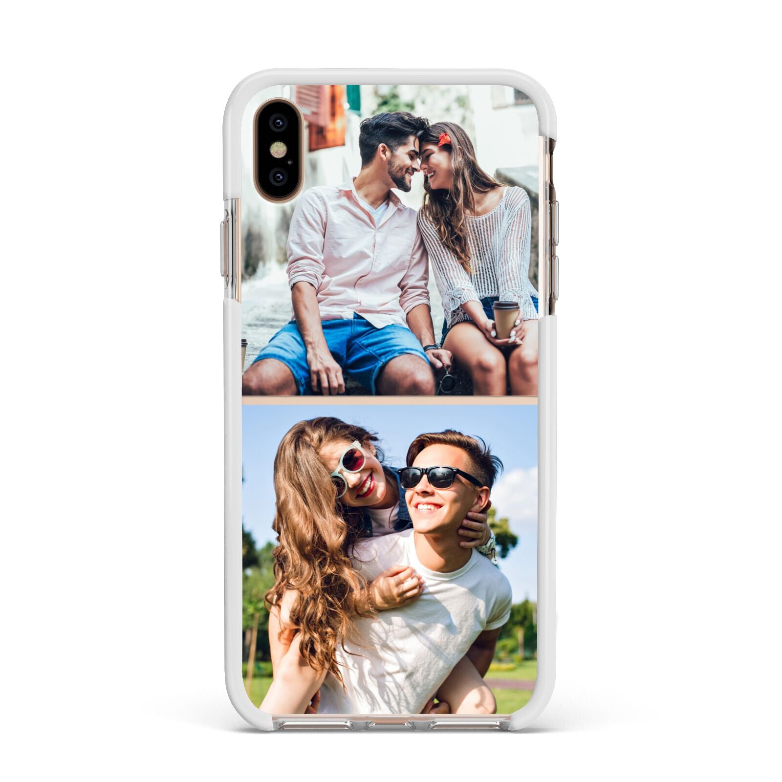 Personalised Two Photos Collage Apple iPhone Xs Max Impact Case White Edge on Gold Phone