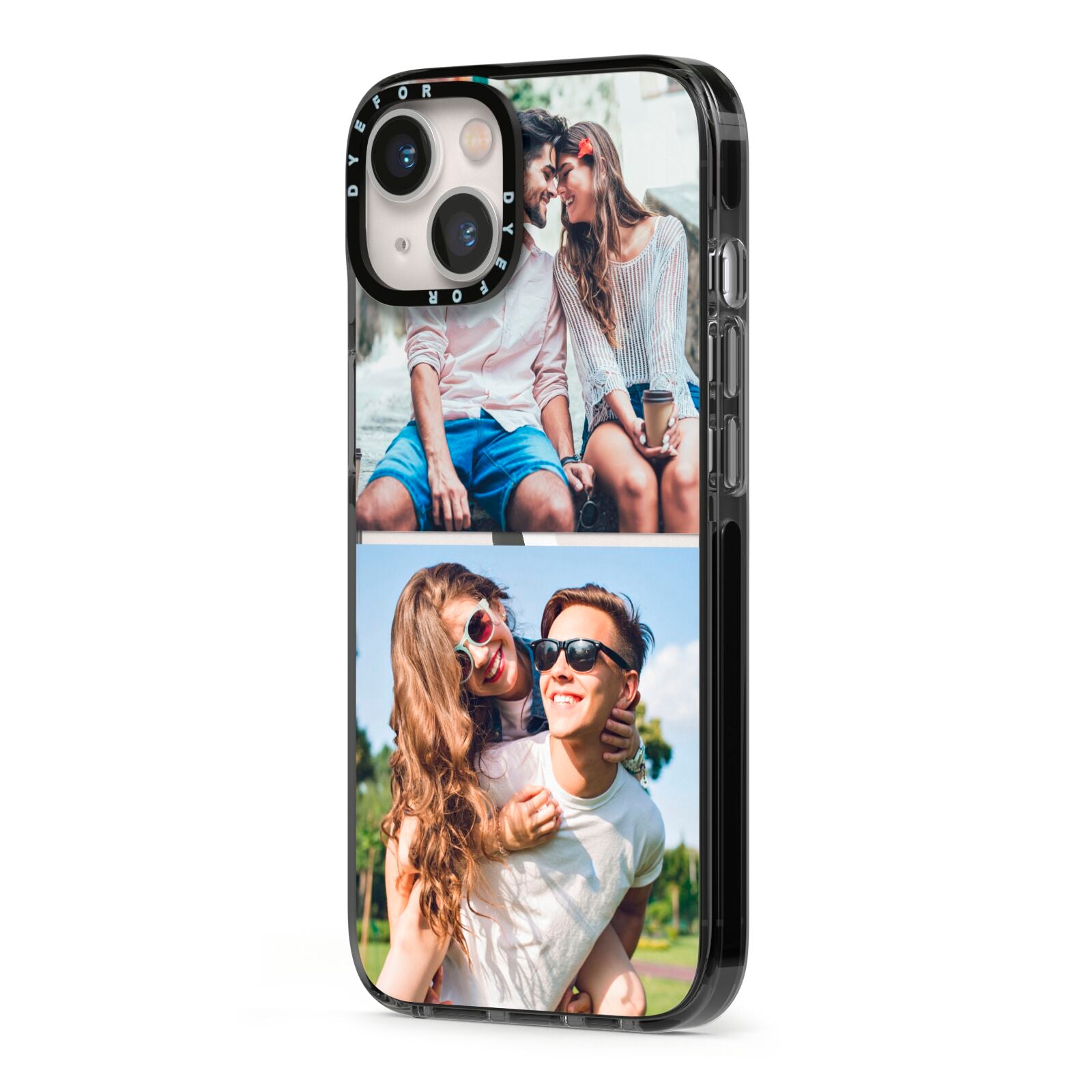 Personalised Two Photos Collage iPhone 13 Black Impact Case Side Angle on Silver phone