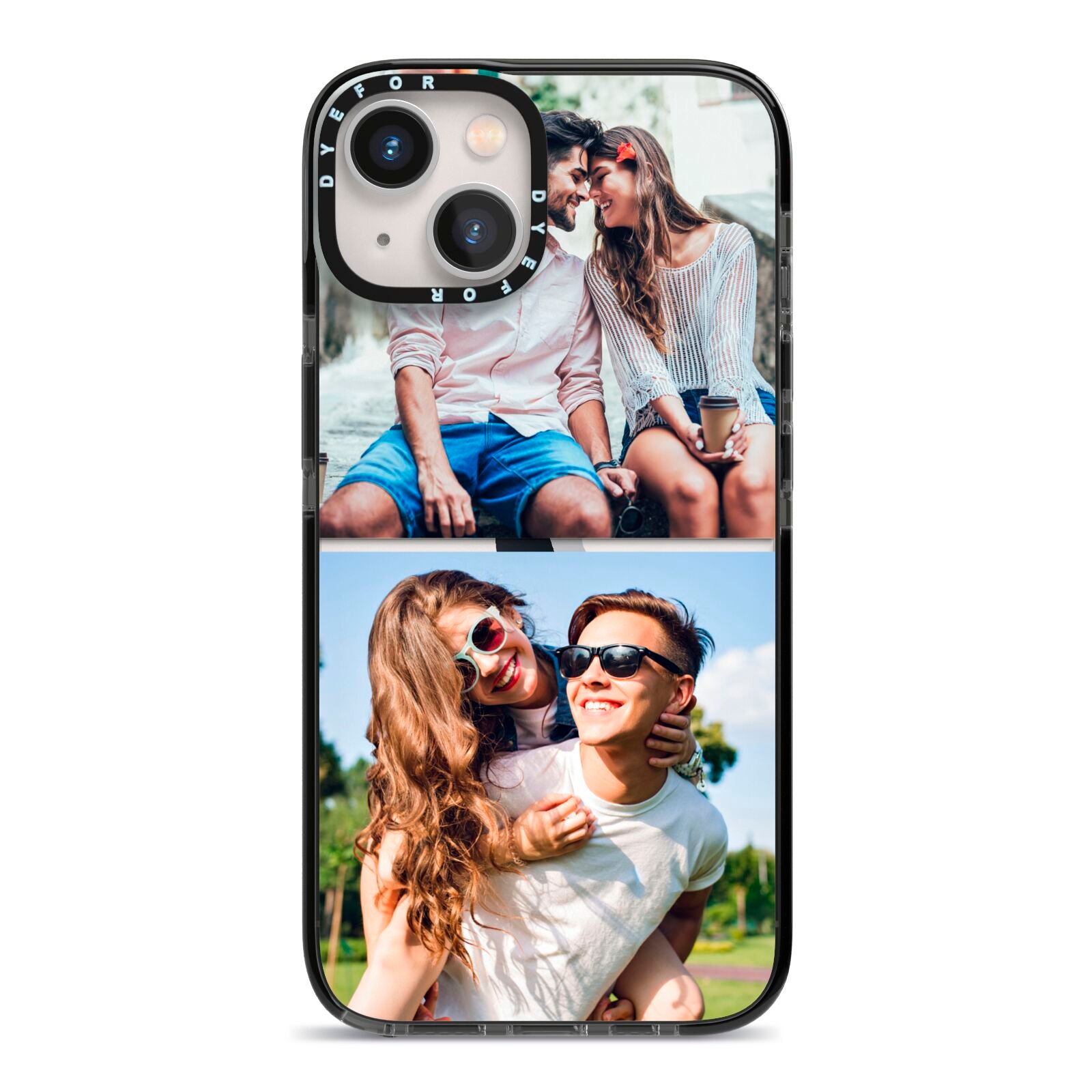 Personalised Two Photos Collage iPhone 13 Black Impact Case on Silver phone
