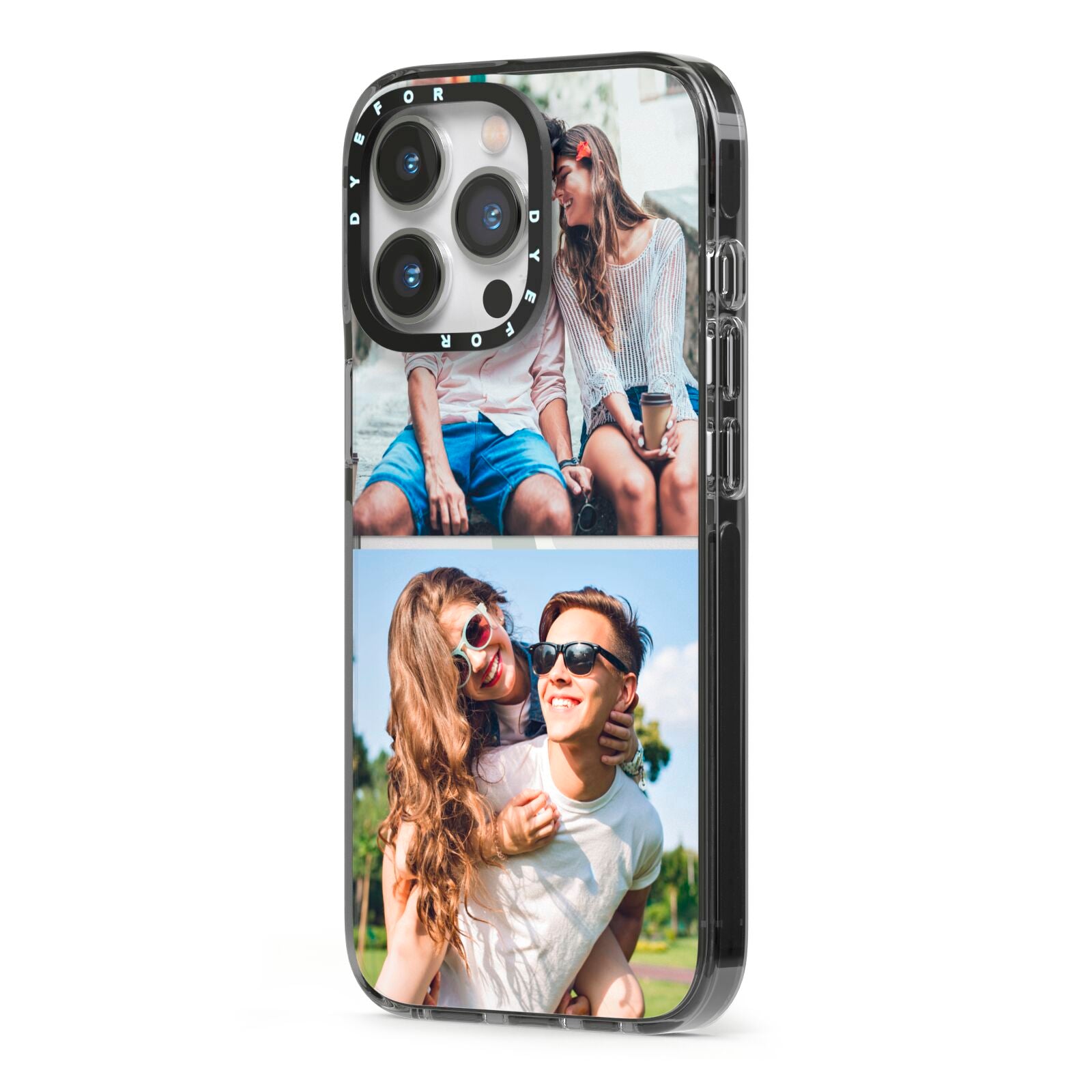 Personalised Two Photos Collage iPhone 13 Pro Black Impact Case Side Angle on Silver phone