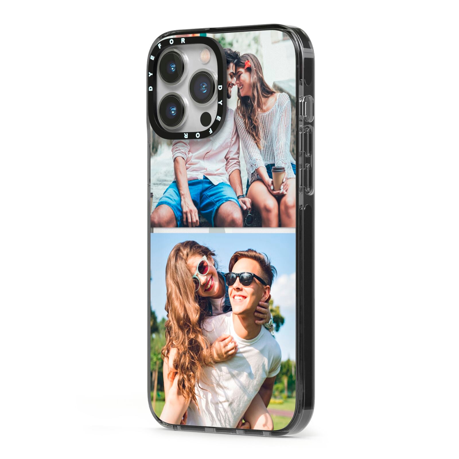 Personalised Two Photos Collage iPhone 13 Pro Max Black Impact Case Side Angle on Silver phone