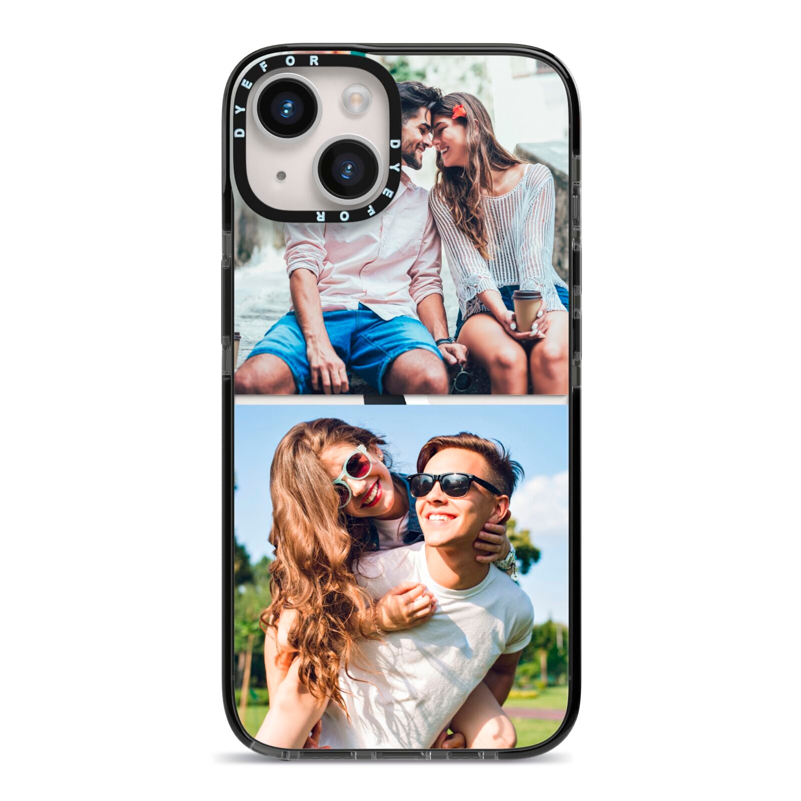 Personalised Two Photos Collage iPhone 14 Black Impact Case on Silver phone