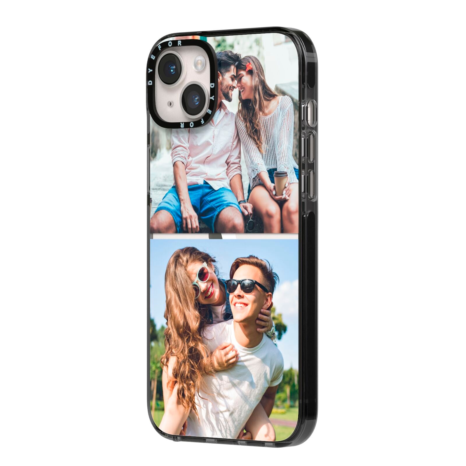 Personalised Two Photos Collage iPhone 14 Plus Black Impact Case Side Angle on Silver phone