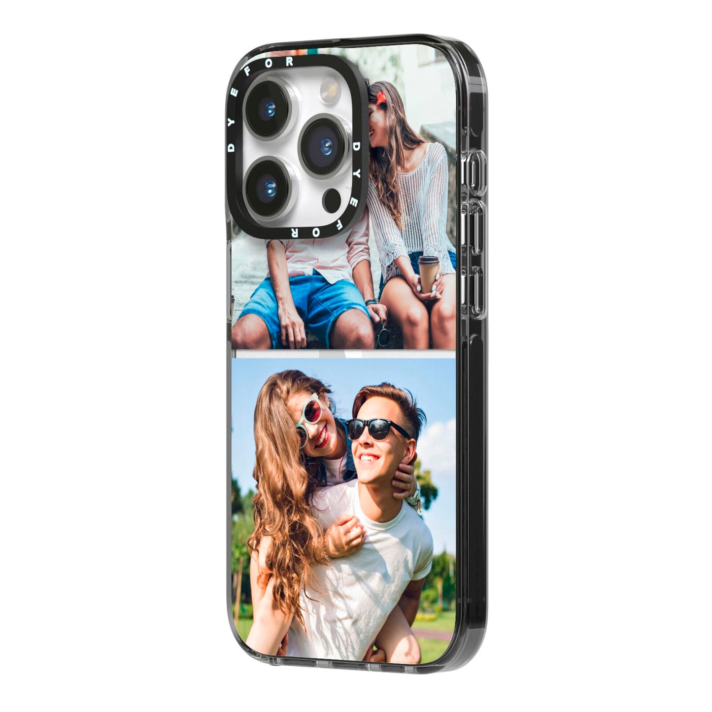 Personalised Two Photos Collage iPhone 14 Pro Black Impact Case Side Angle on Silver phone