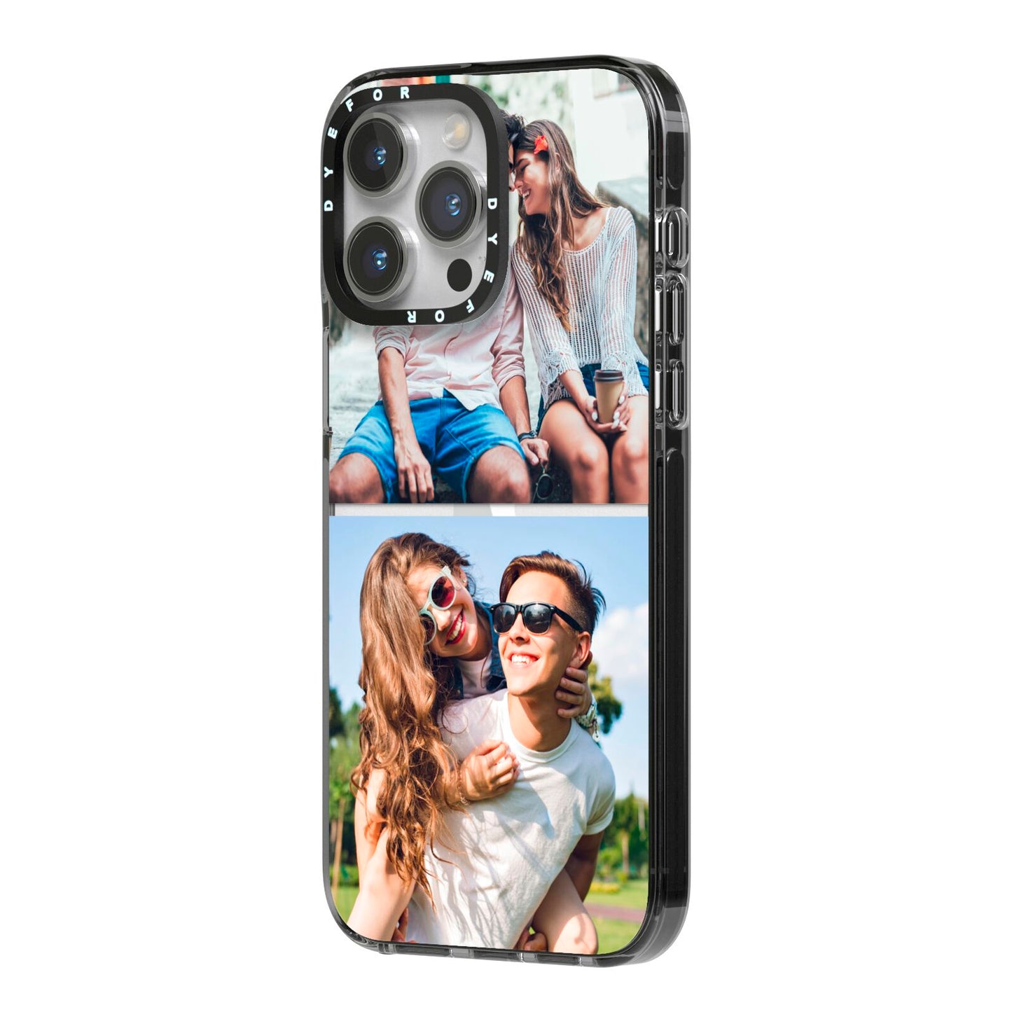 Personalised Two Photos Collage iPhone 14 Pro Max Black Impact Case Side Angle on Silver phone