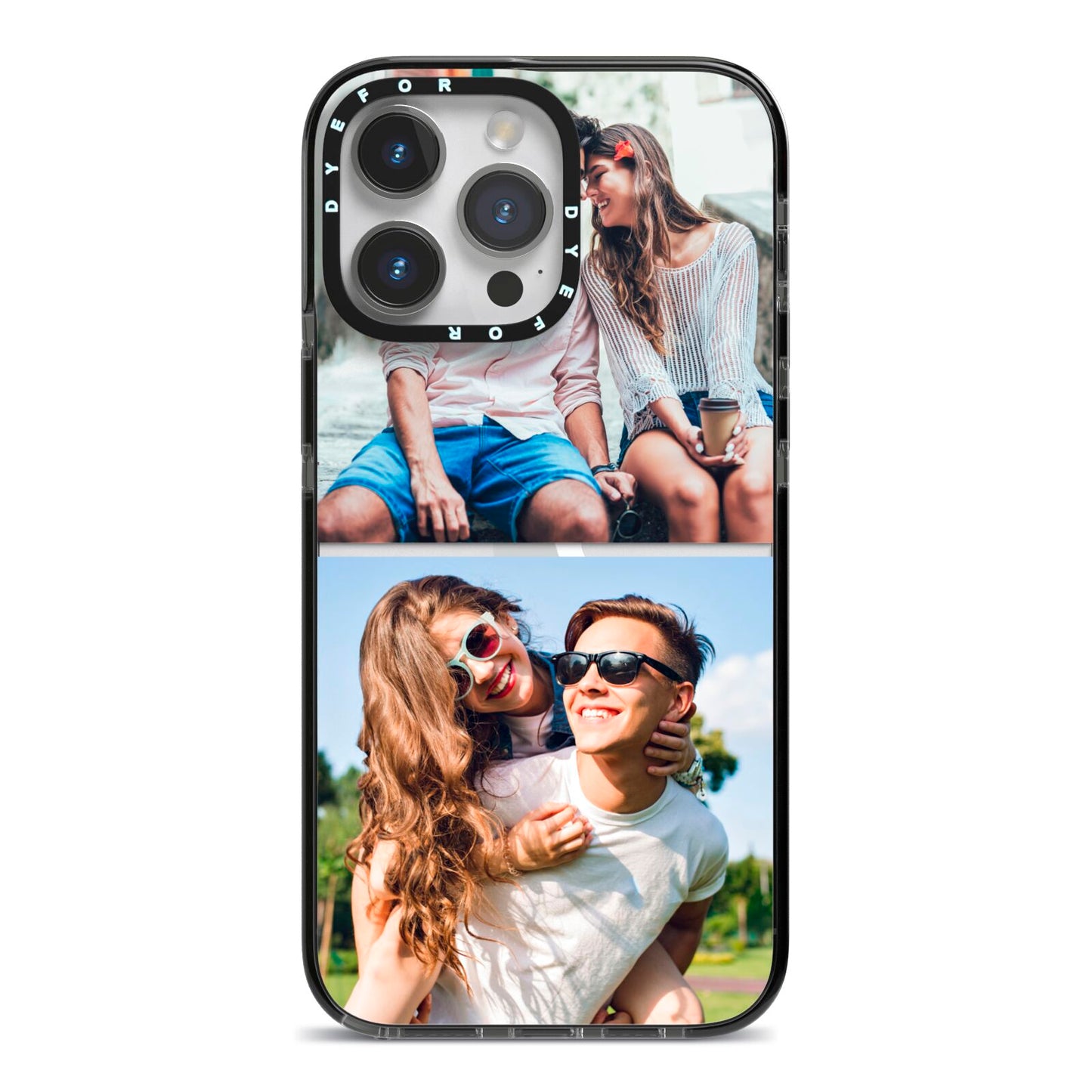 Personalised Two Photos Collage iPhone 14 Pro Max Black Impact Case on Silver phone