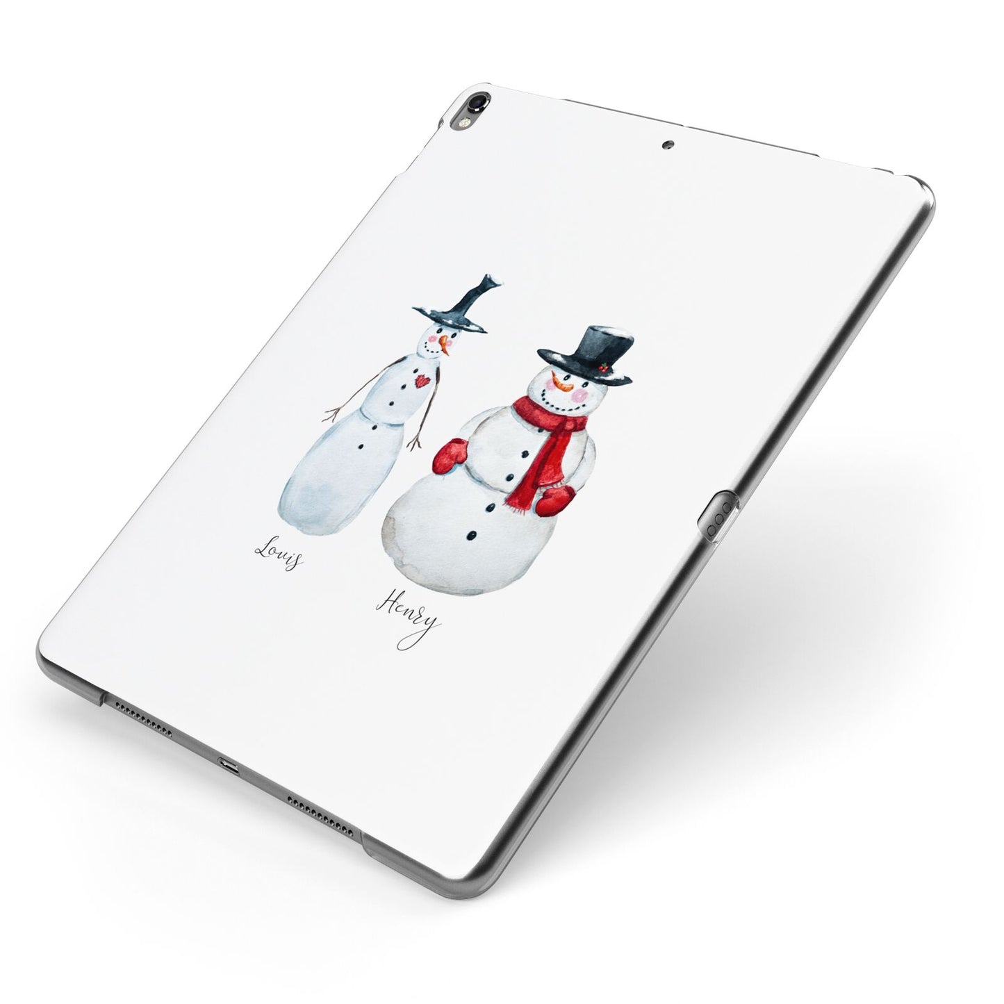 Personalised Two Snowmen Apple iPad Case on Grey iPad Side View