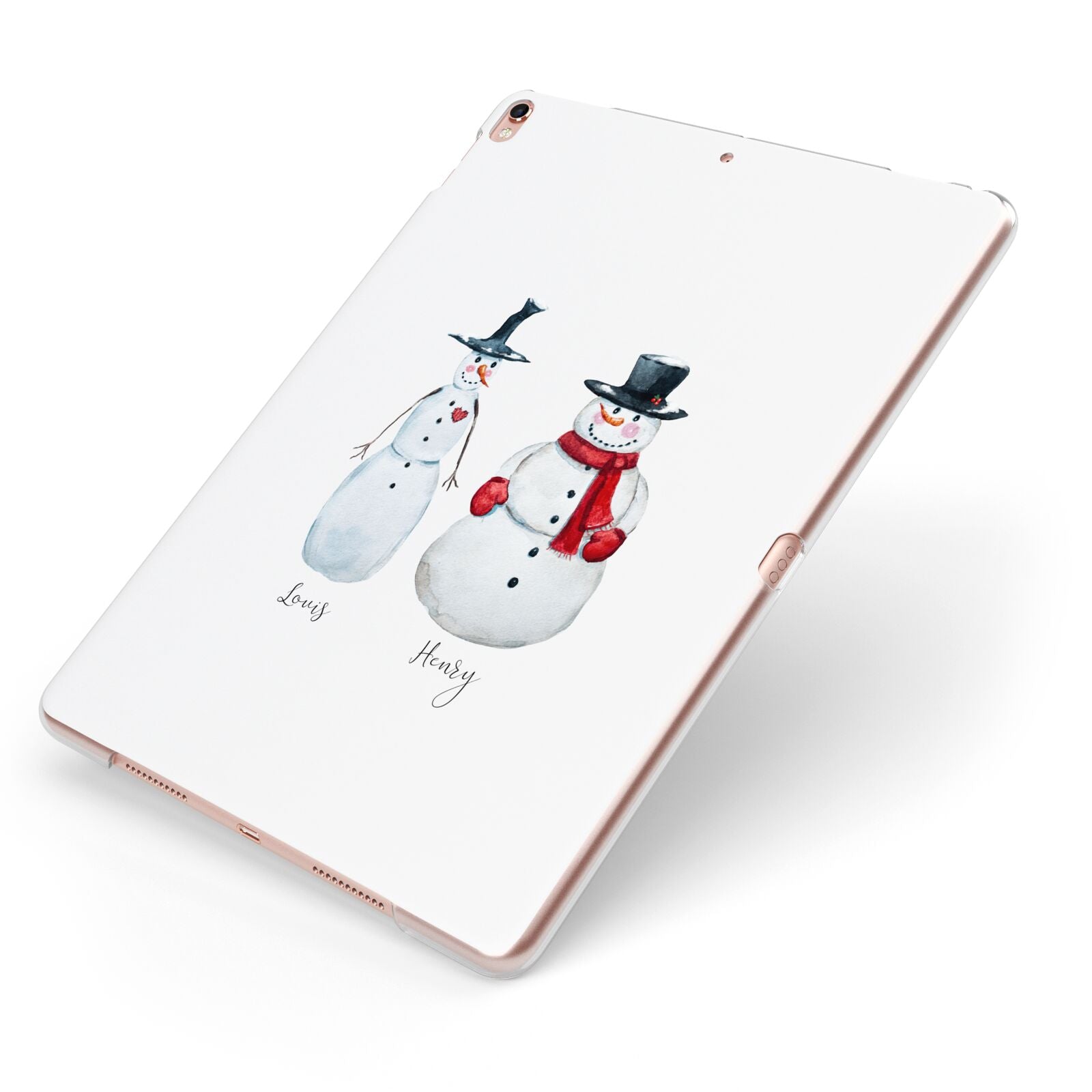 Personalised Two Snowmen Apple iPad Case on Rose Gold iPad Side View