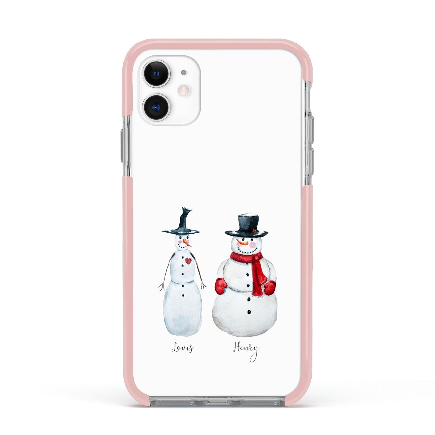 Personalised Two Snowmen Apple iPhone 11 in White with Pink Impact Case