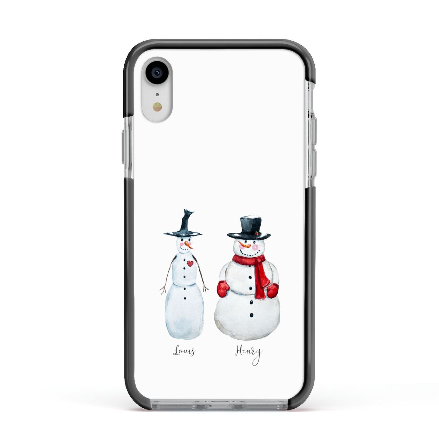 Personalised Two Snowmen Apple iPhone XR Impact Case Black Edge on Silver Phone