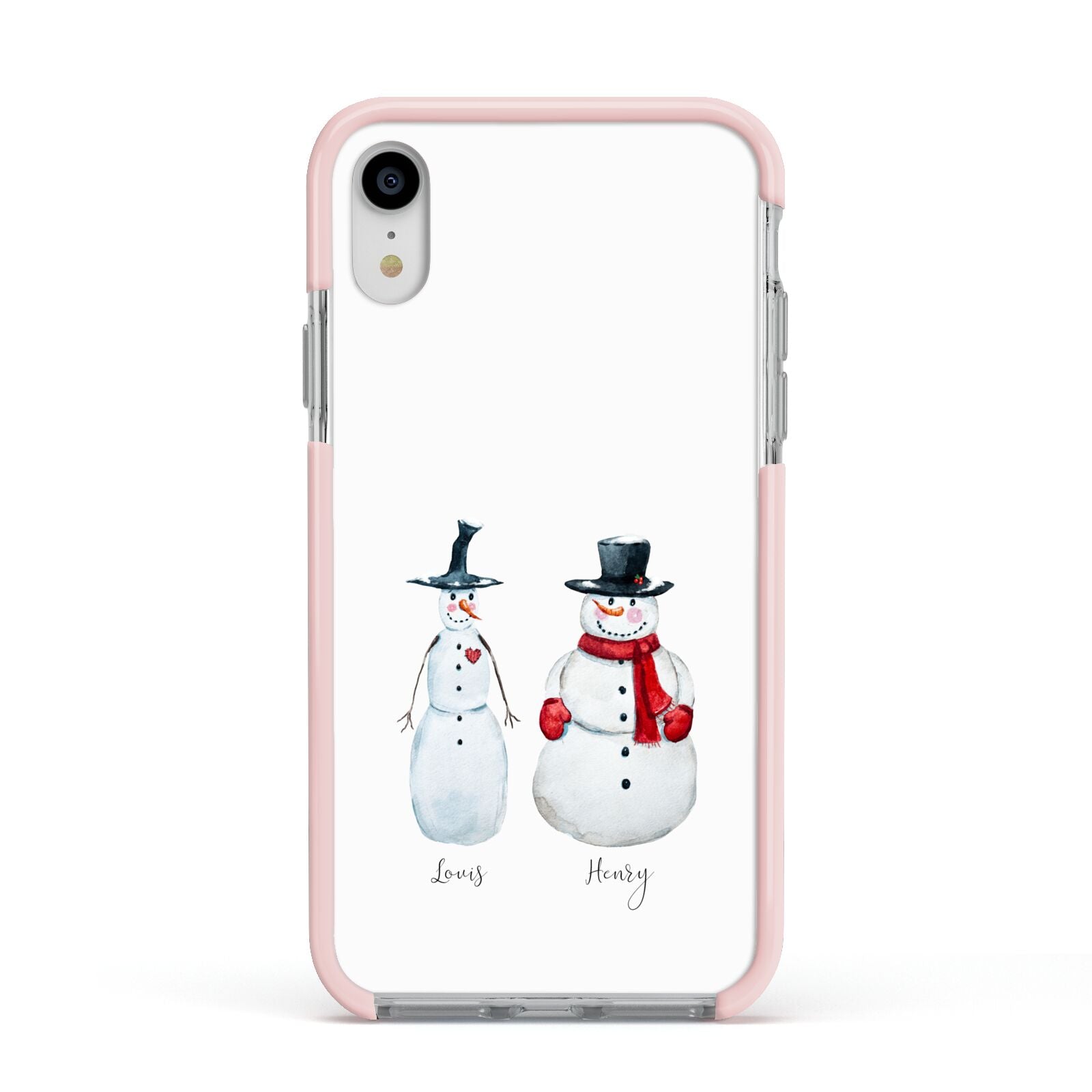 Personalised Two Snowmen Apple iPhone XR Impact Case Pink Edge on Silver Phone