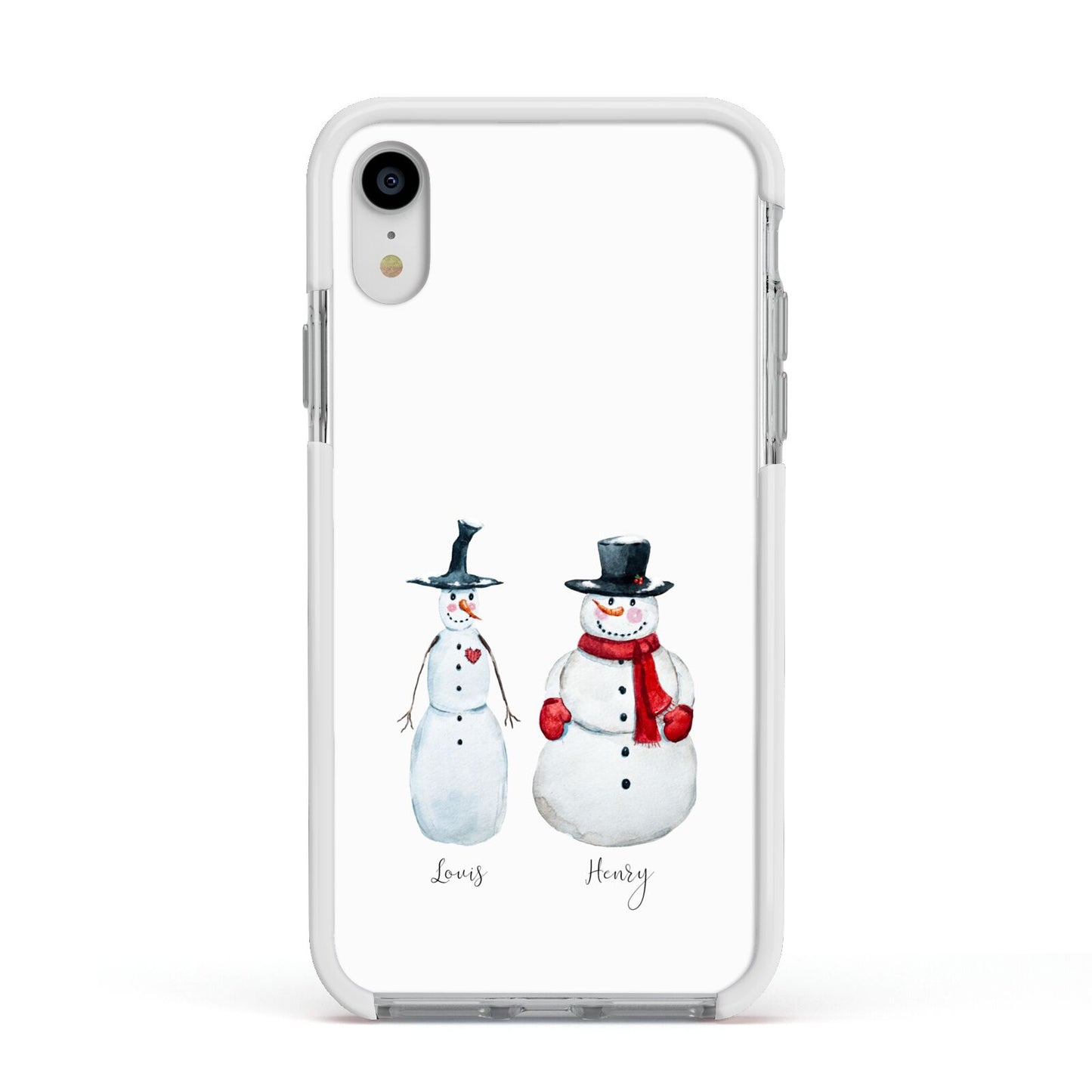 Personalised Two Snowmen Apple iPhone XR Impact Case White Edge on Silver Phone