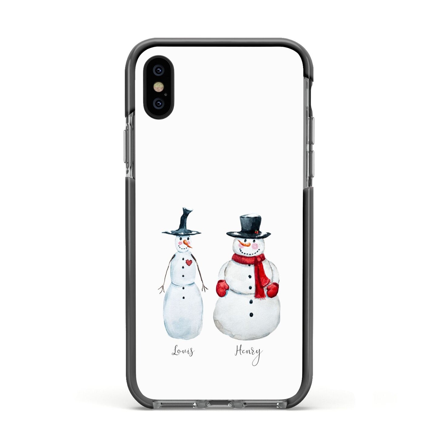 Personalised Two Snowmen Apple iPhone Xs Impact Case Black Edge on Black Phone