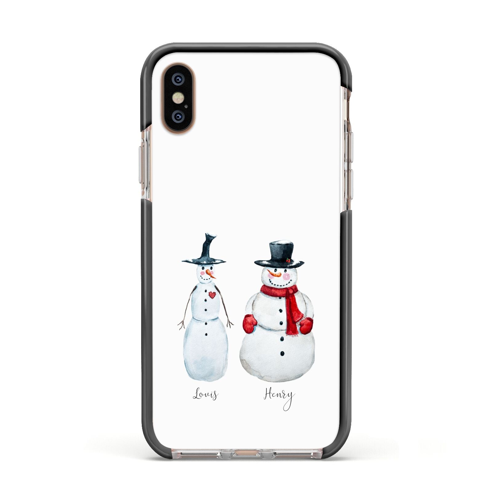 Personalised Two Snowmen Apple iPhone Xs Impact Case Black Edge on Gold Phone