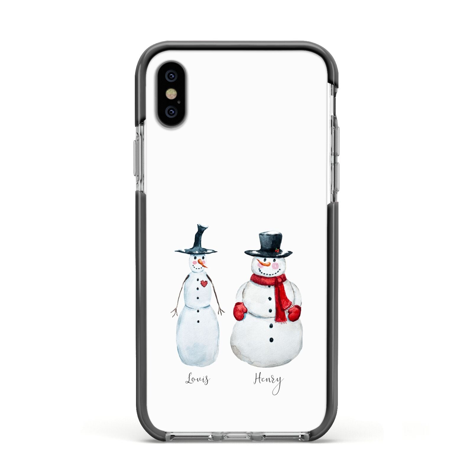 Personalised Two Snowmen Apple iPhone Xs Impact Case Black Edge on Silver Phone
