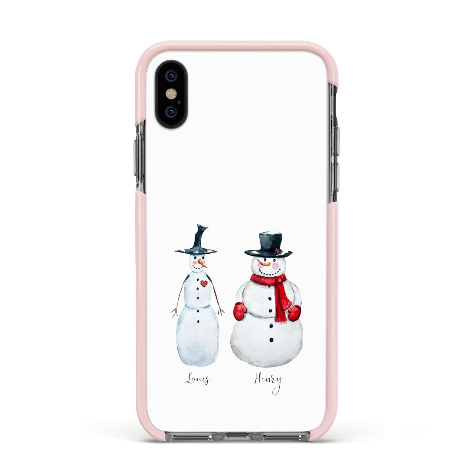 Personalised Two Snowmen Apple iPhone Xs Impact Case Pink Edge on Black Phone