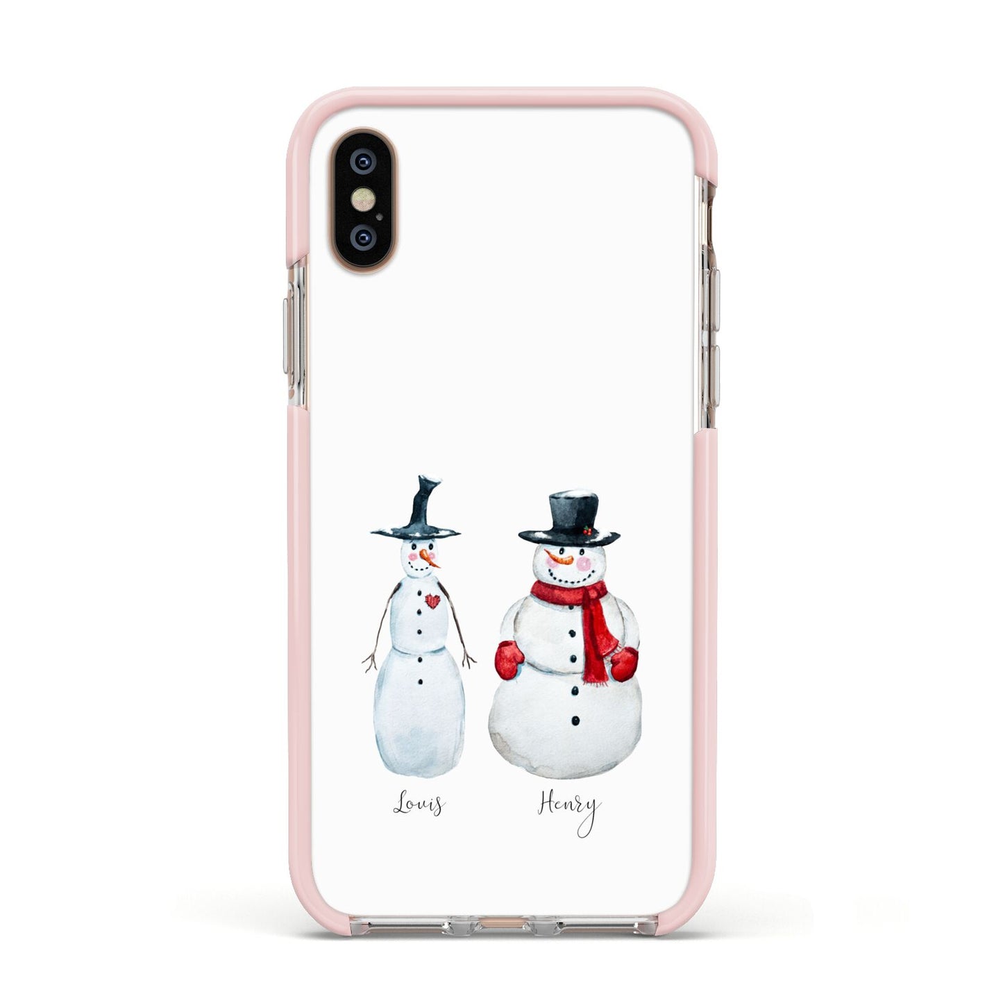 Personalised Two Snowmen Apple iPhone Xs Impact Case Pink Edge on Gold Phone